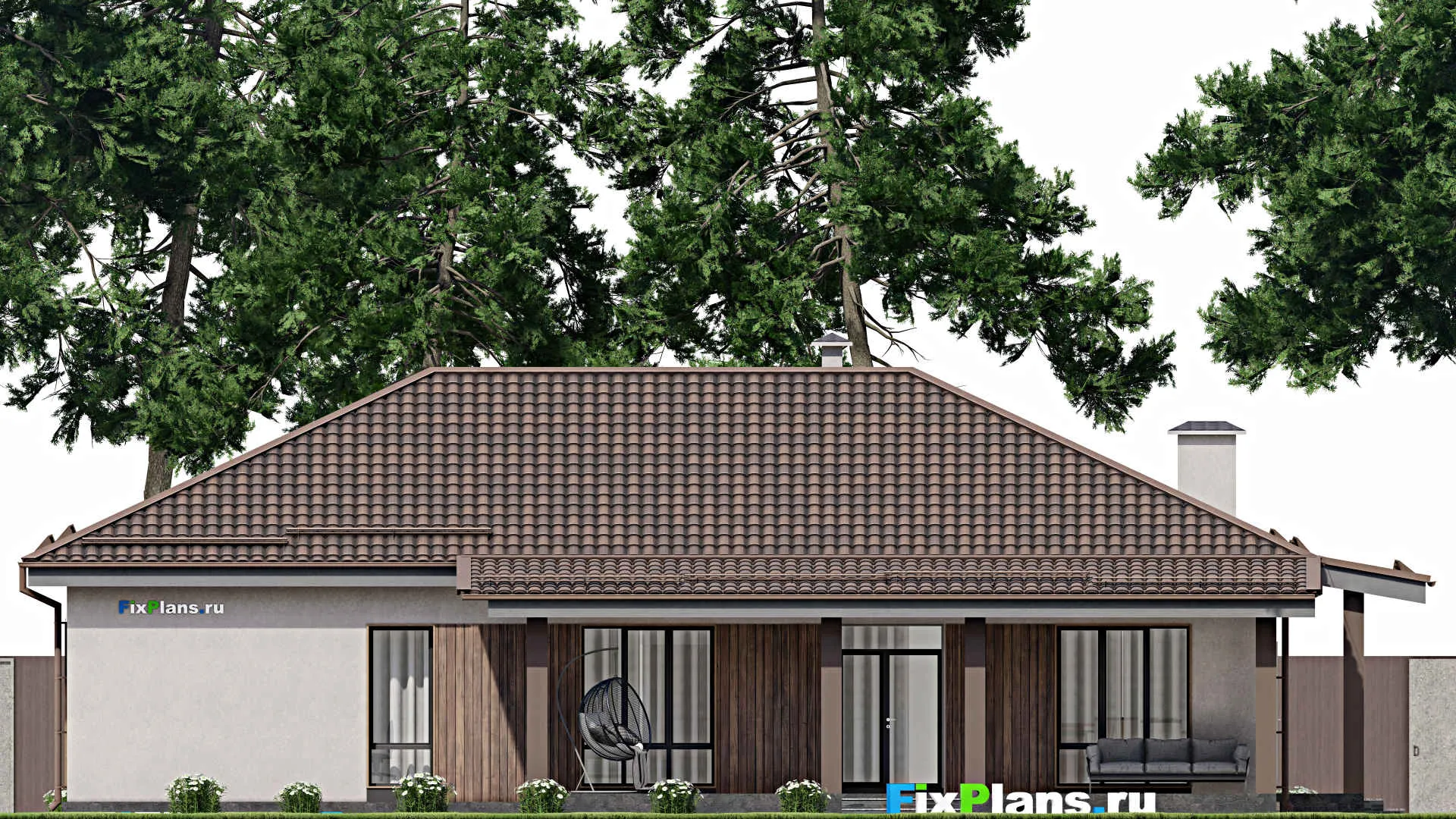 F-8747 - План одноэтажного дома 14 на 18, площадью 180 м² с террасой и 5 спальнями