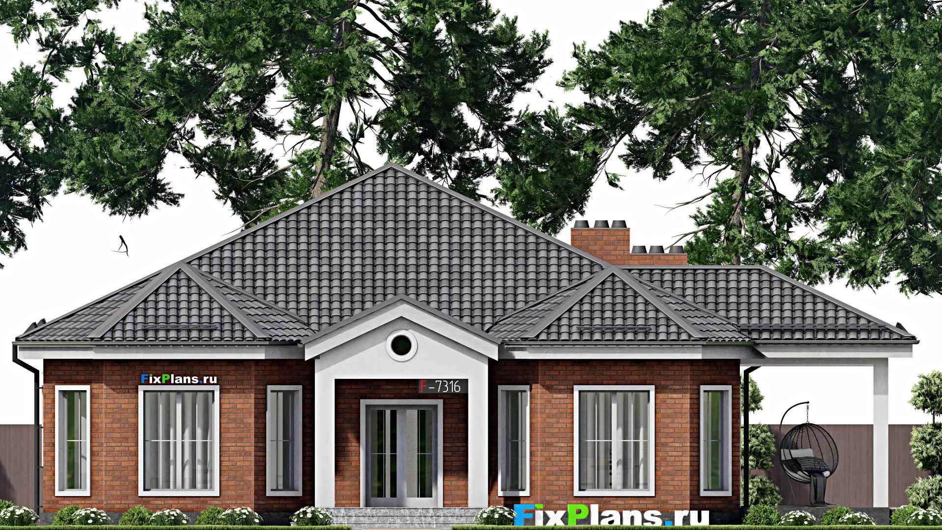 F-7316 - План одноэтажного дома 15 на 16, площадью 190 м² с террасой и 4 спальнями