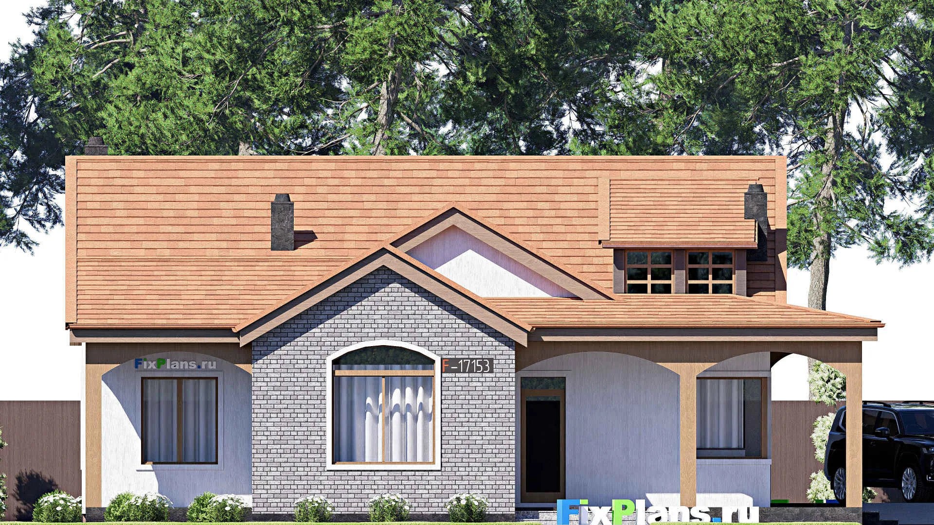 F-17153 - Проект одноэтажного дома 15 на 16, площадью 170 м² с террасой, гаражом на 1 машину и 2 спальнями