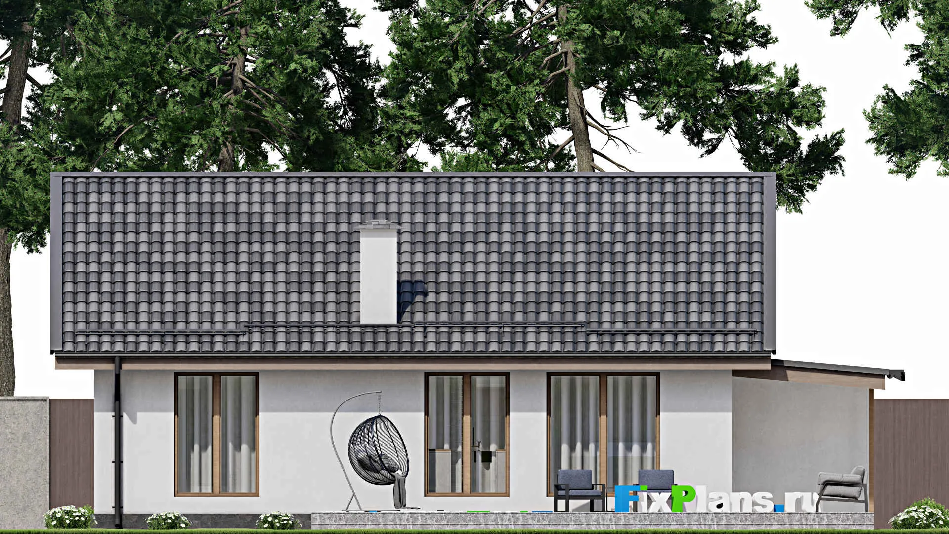 F-10988 - Проект одноэтажного дома 14 на 15, площадью 150 м² с террасой и 2 спальнями