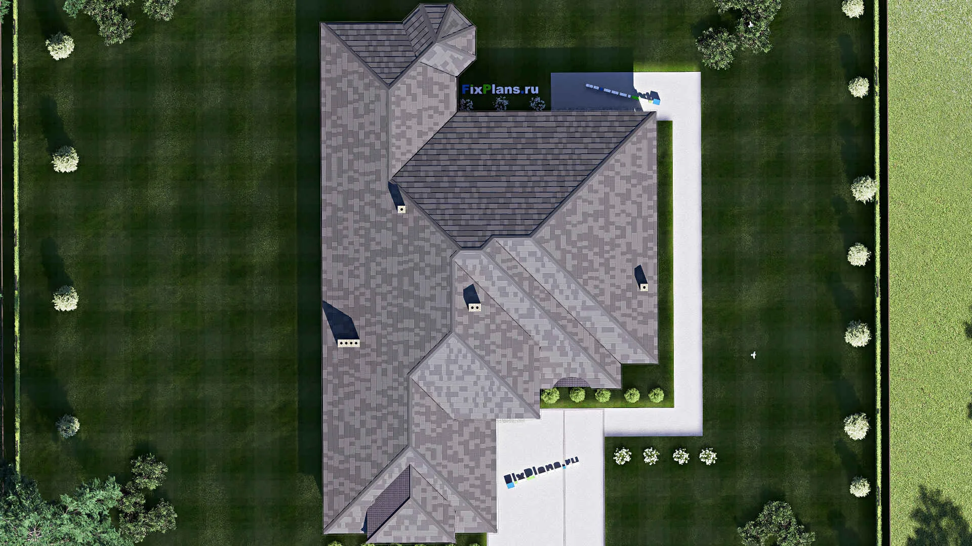 F-17189 - План одноэтажного дома 17 на 28, площадью 280 м² с террасой, гаражом на 2 машины и 3 спальнями