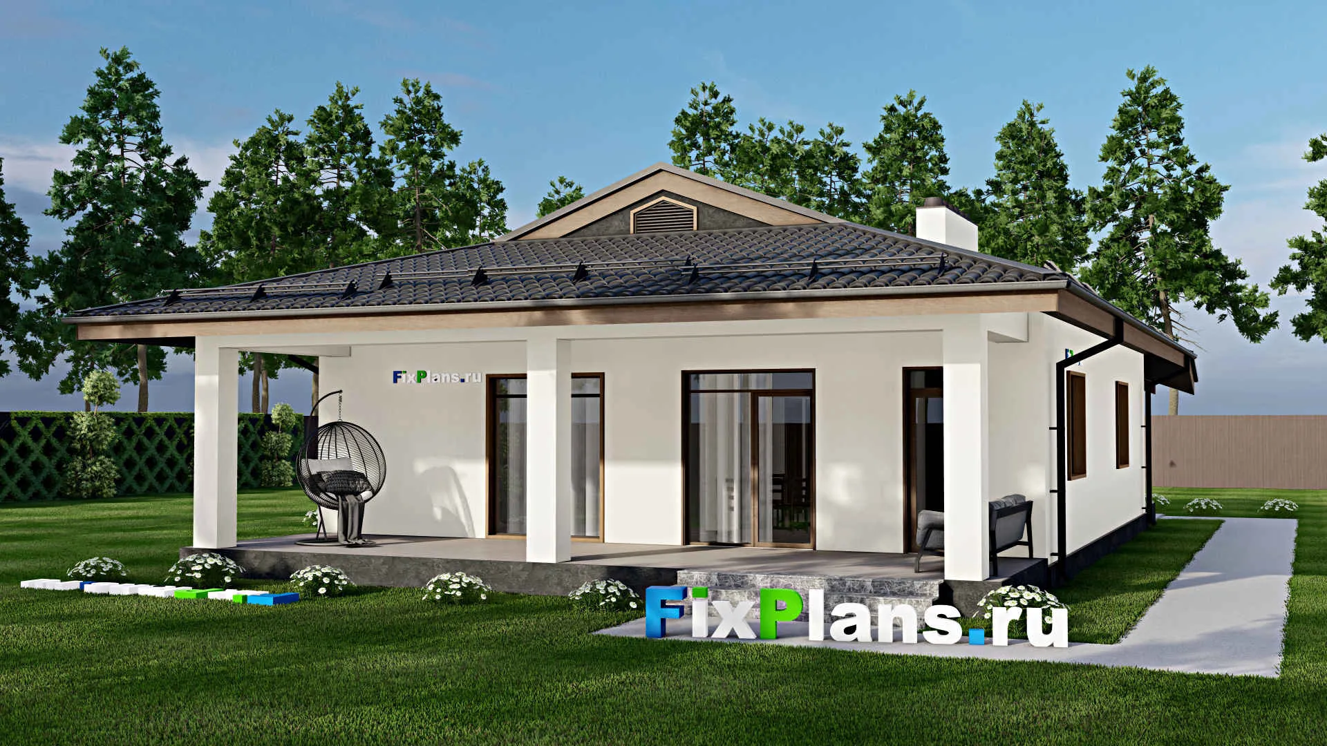 F-4922 - План одноэтажного дома 11 на 13, площадью 150 м² с террасой и 2 спальнями