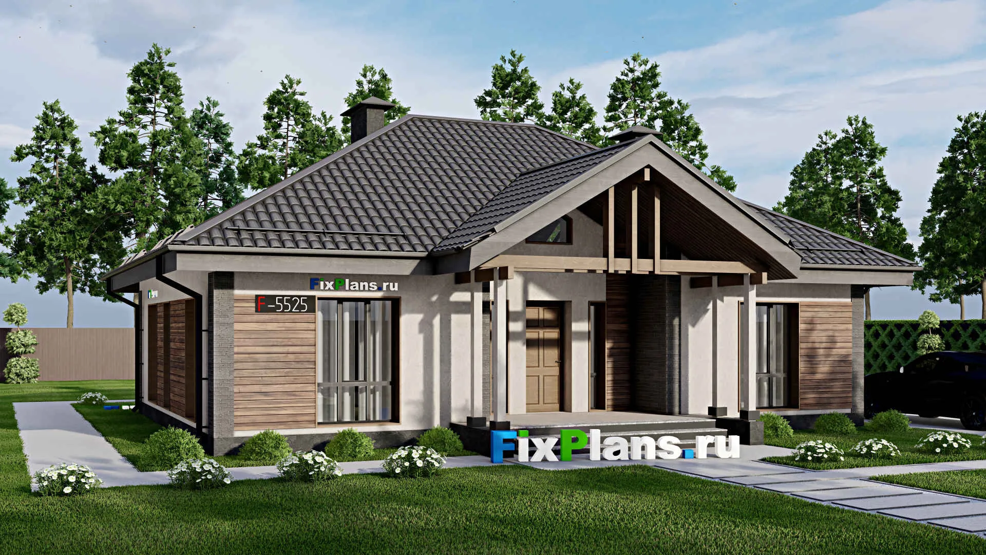 F-5525 - Проект одноэтажного дома 11 на 14, площадью 130 м² с террасой и 3 спальнями