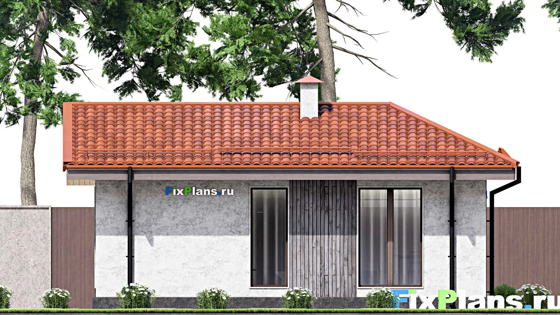 F-12959 - План одноэтажного дома 9 на 9, площадью 60 м² с террасой и 2 спальнями