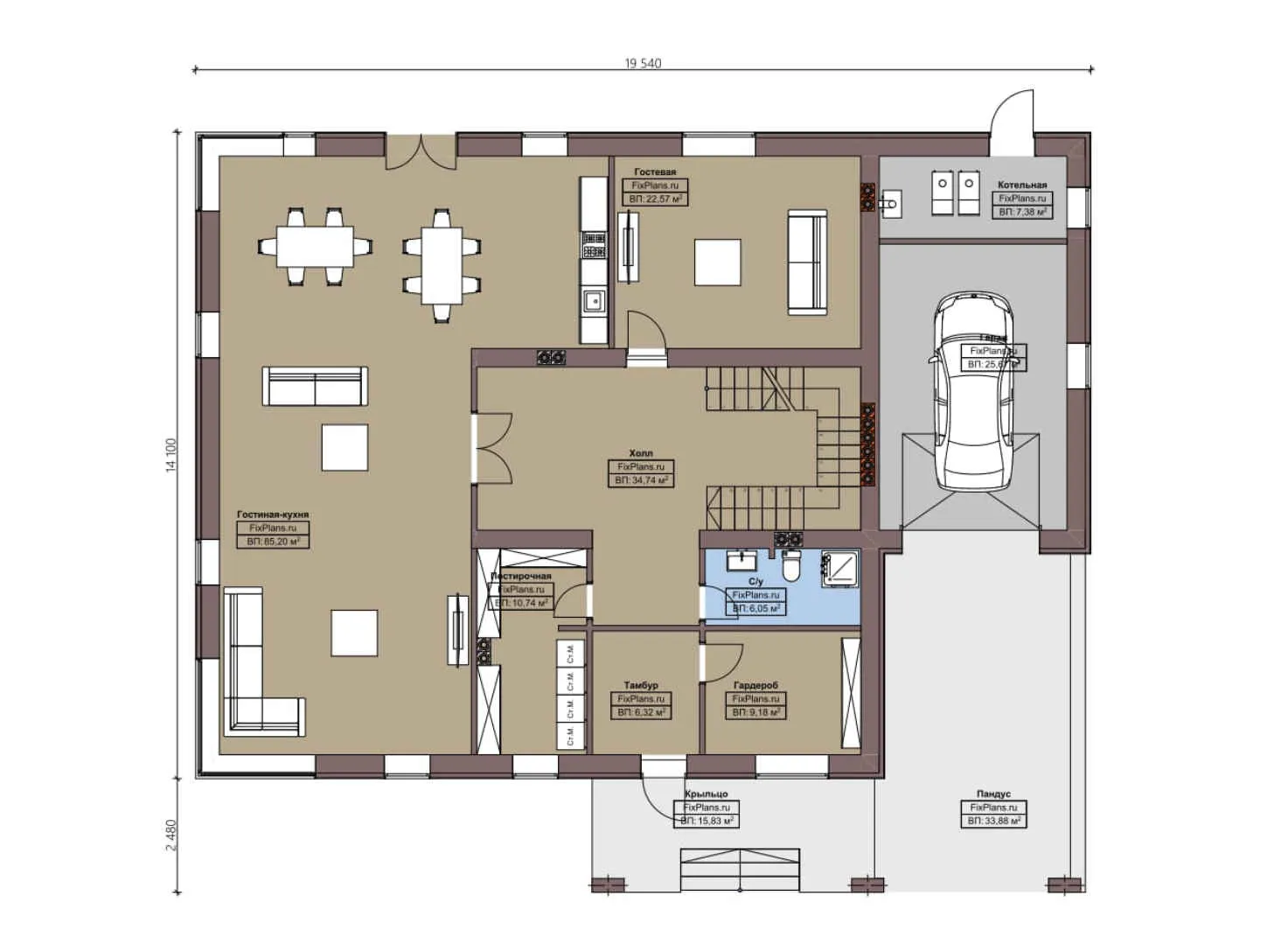 F-5210 - Планы двухэтажного дома 15 на 20, площадью 460 м² с балконом, гаражом на 1 машину, спортзалом и 1 спальнями