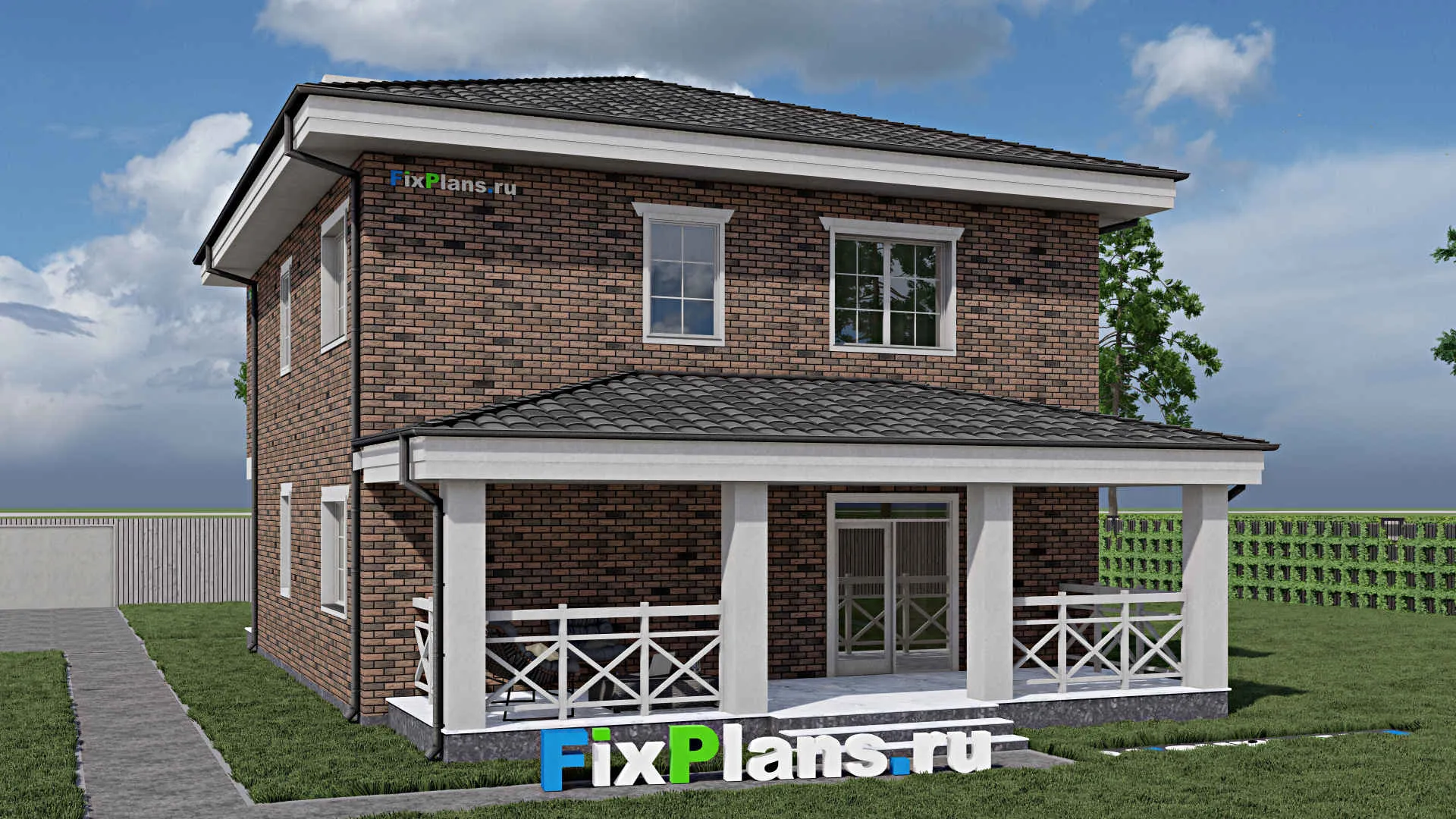 F-0800 - Планы двухэтажного дома 11 на 12, площадью 200 м² с террасой и 4 спальнями