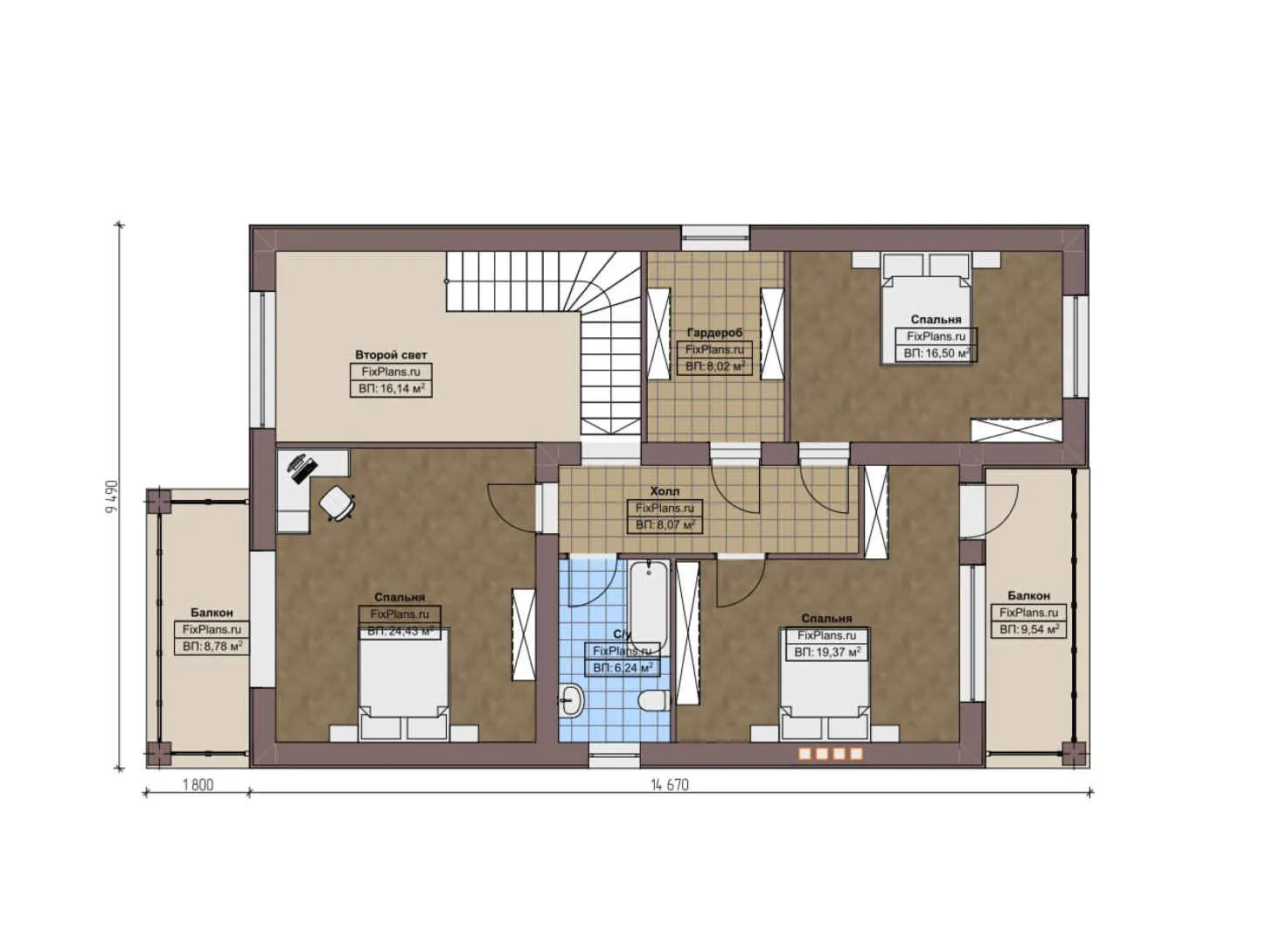 F-2600 - Планы дома с мансардой 10 на 15, площадью 260 м² с террасой, балконом и 4 спальнями