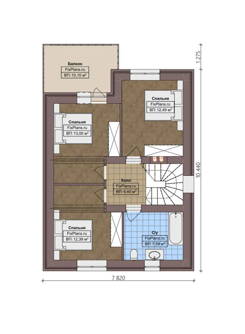 F-3824 - Планы двухэтажного дома 8 на 11, площадью 130 м² с террасой, балконом и 3 спальнями
