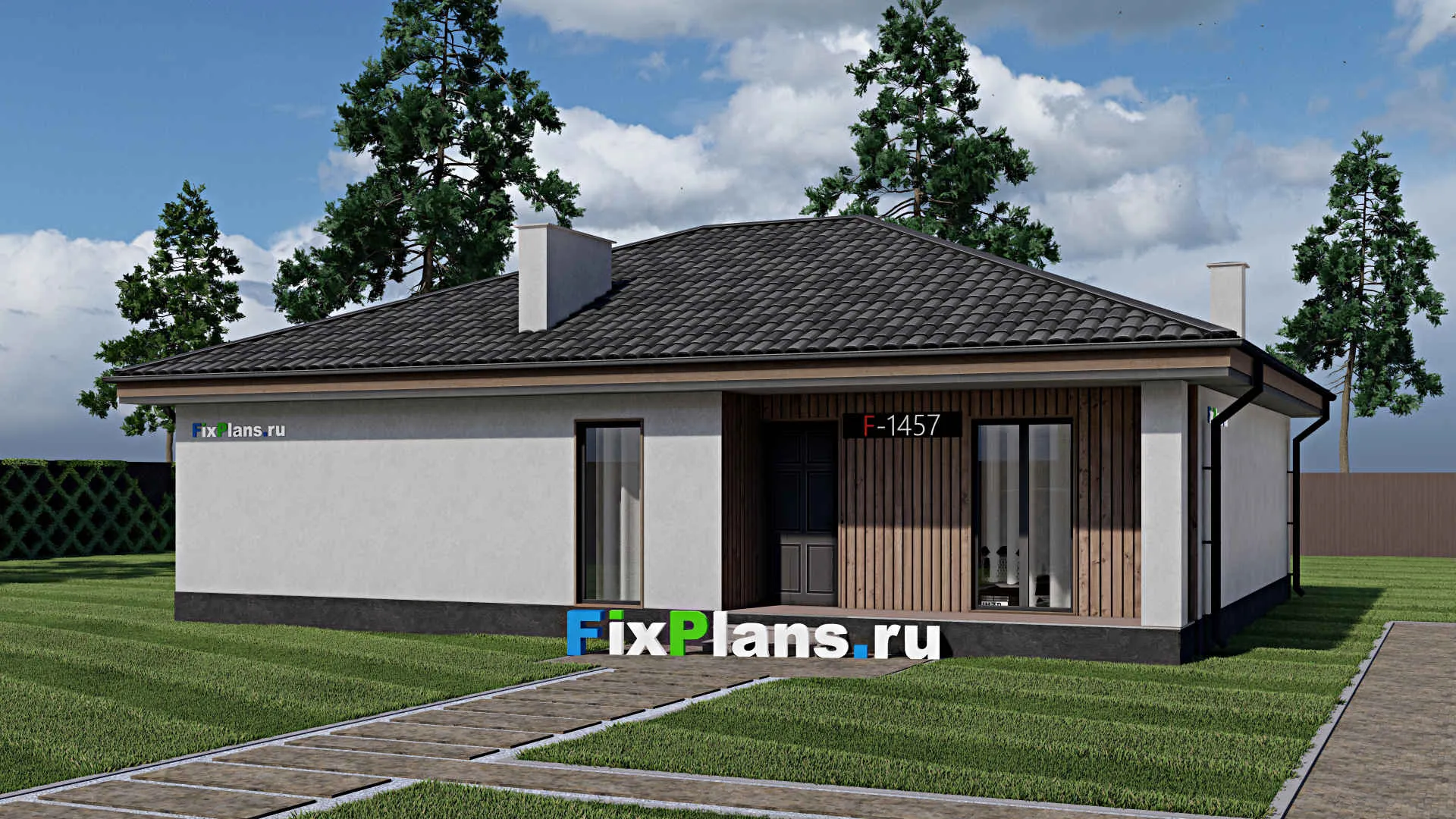 F-1457 - Проект одноэтажного дома 11 на 14, площадью 120 м² с террасой и 3 спальнями