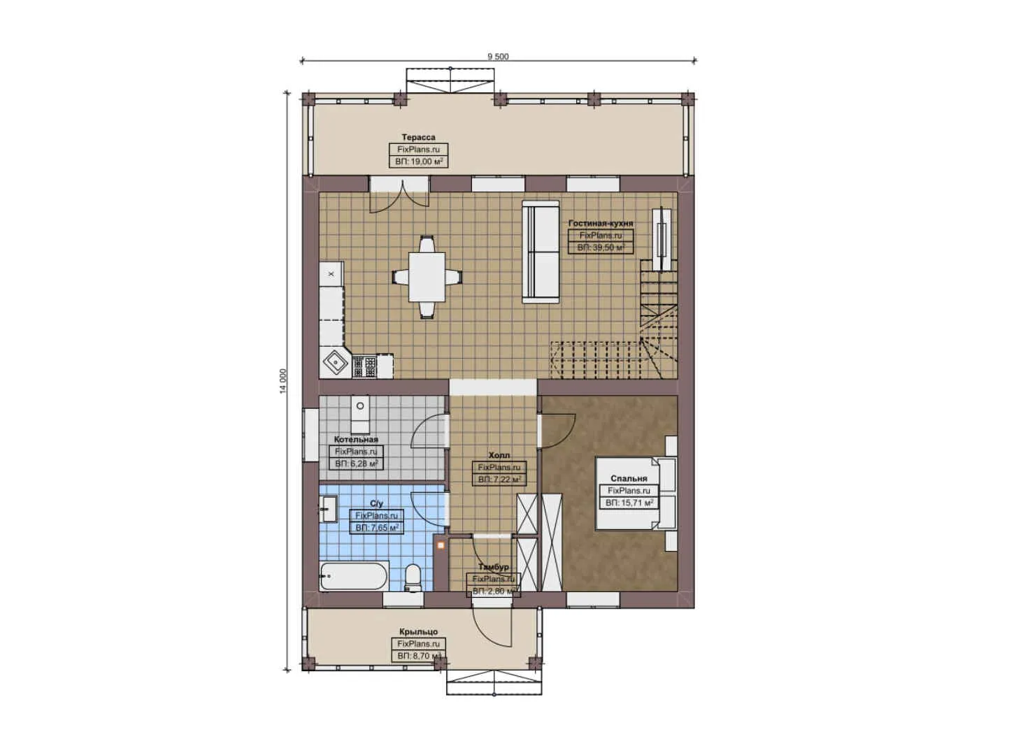 F-10088 - Планы дома с мансардой 10 на 14, площадью 190 м² с террасой и 5 спальнями