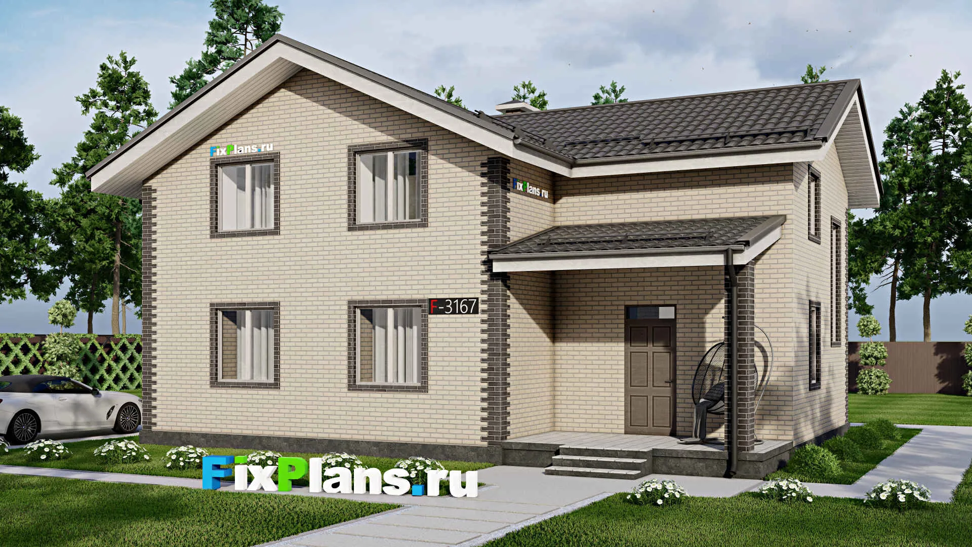 F-3167 - Проект дома с мансардой 11 на 13, площадью 200 м² с террасой и 4 спальнями