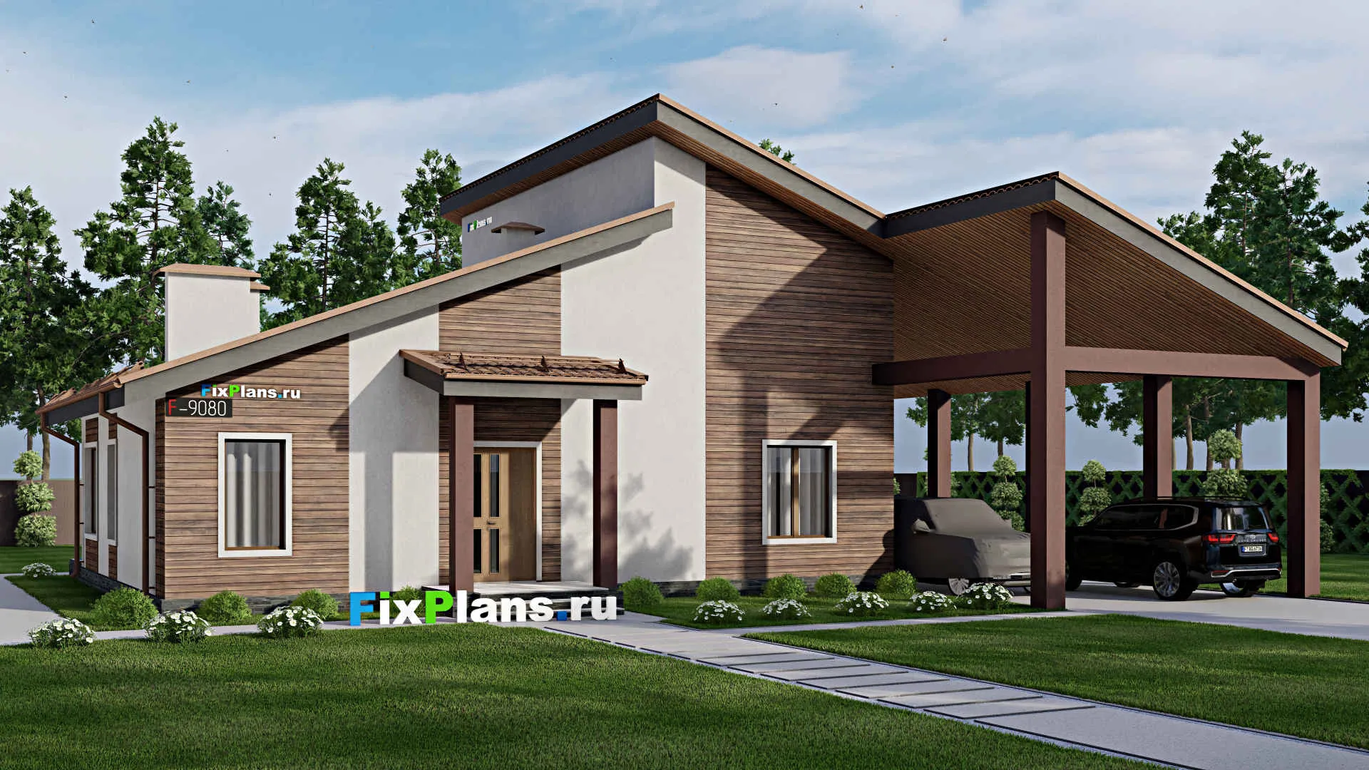 F-9080 - Проект одноэтажного дома 14 на 14, площадью 130 м² с террасой и 2 спальнями