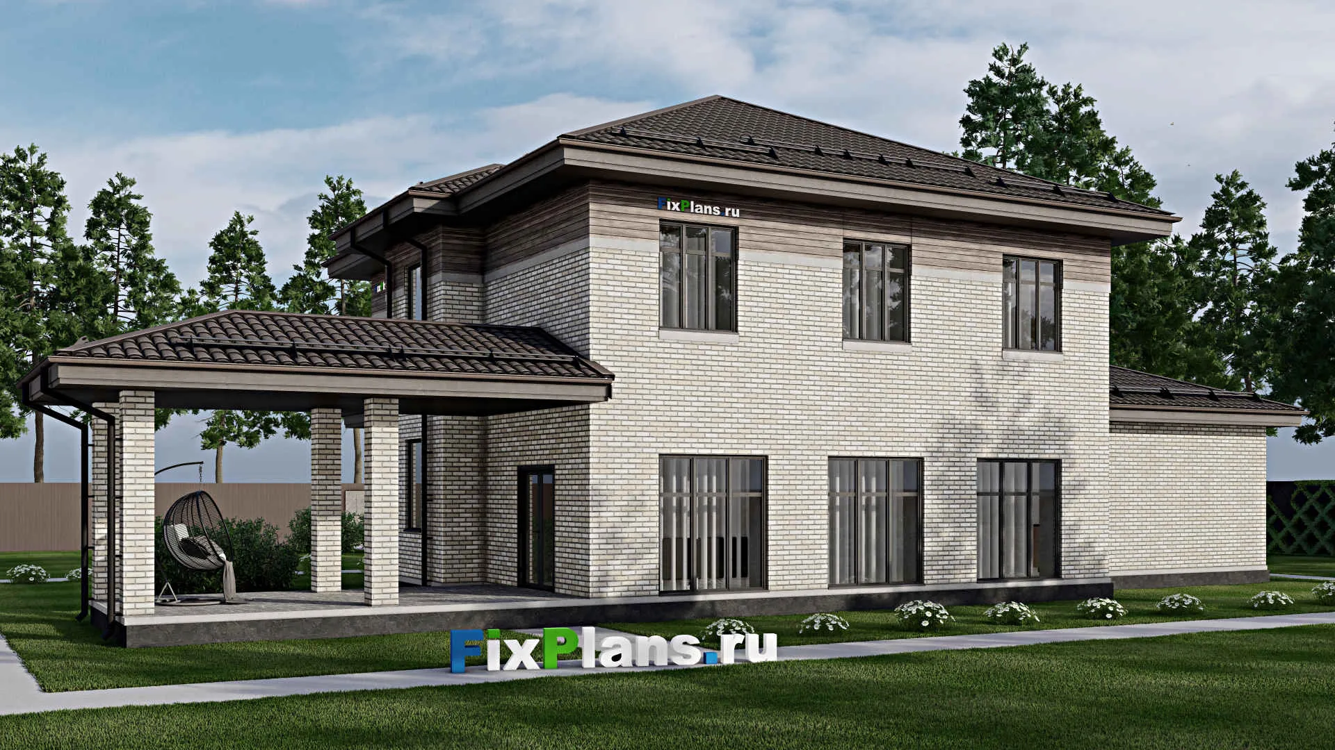 F-2708 - Планы двухэтажного дома 12 на 19, площадью 280 м² с террасой, гаражом на 2 машины и 4 спальнями