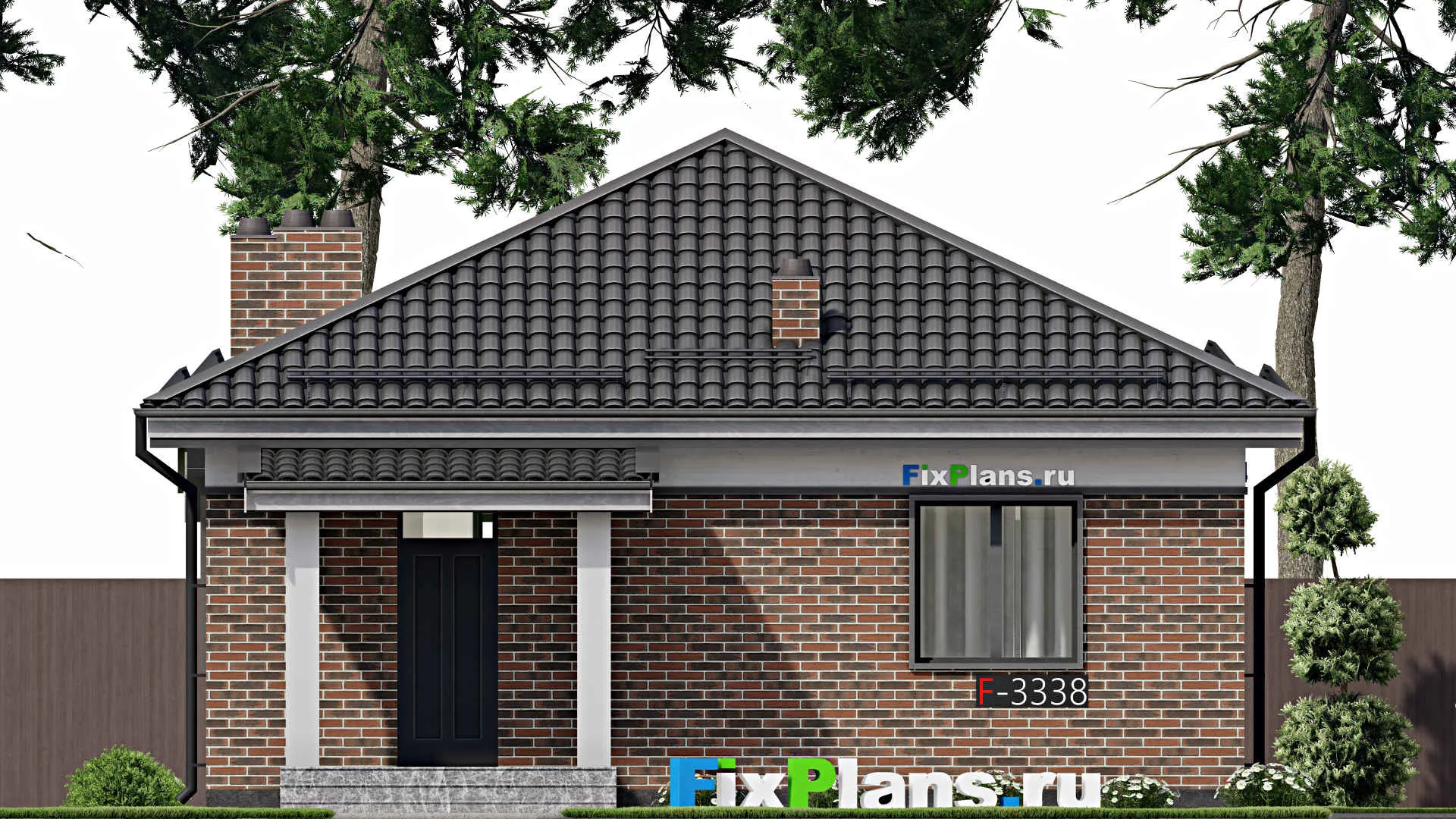 F-3338 - Проект одноэтажного дома 10 на 10, площадью 80 м² с террасой и 2 спальнями