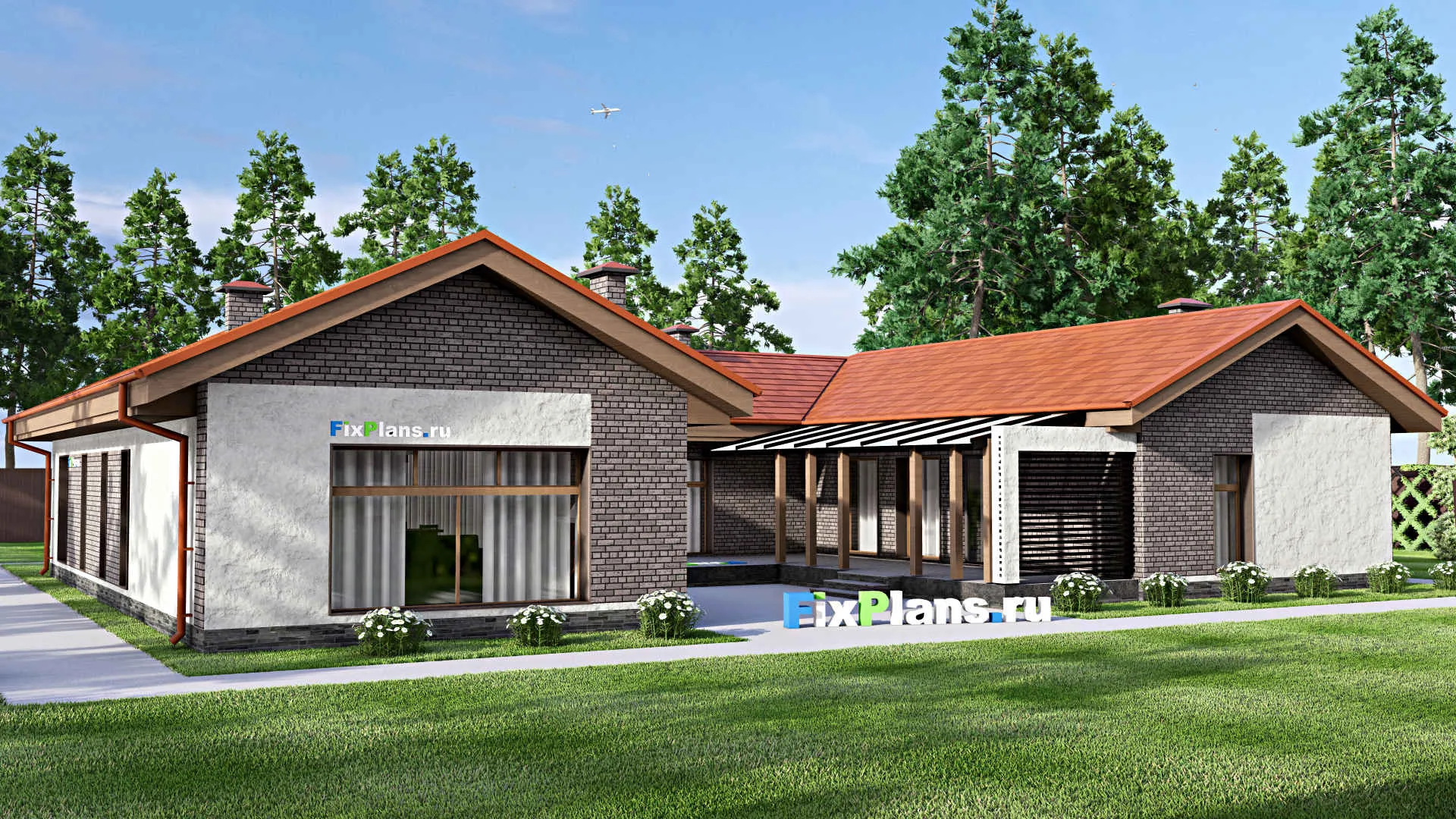 F-13895 - Проект одноэтажного дома 16 на 22, площадью 250 м² с террасой, баней и 3 спальнями