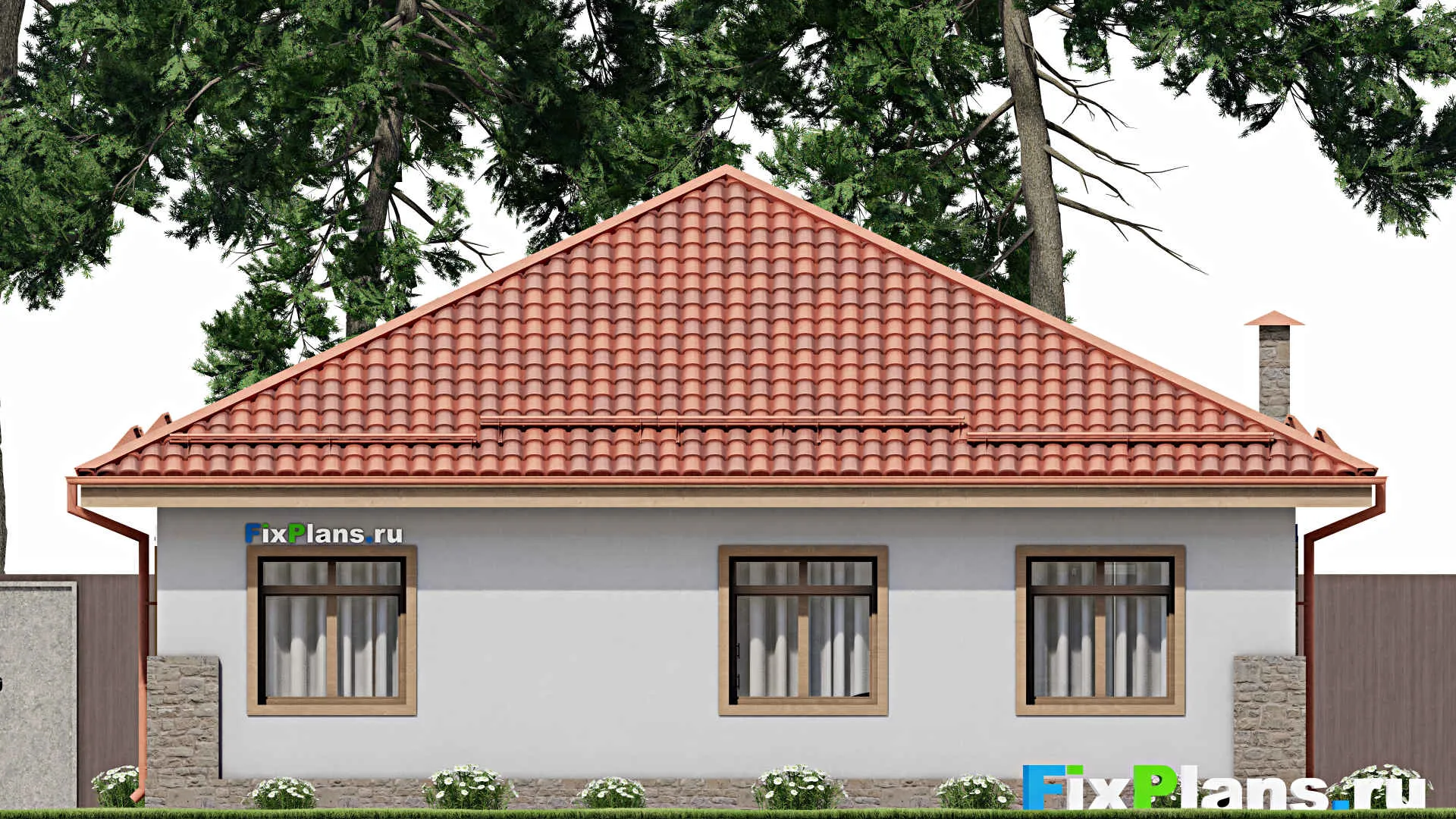 F-8495 - План одноэтажного дома 12 на 13, площадью 120 м² с террасой и 3 спальнями