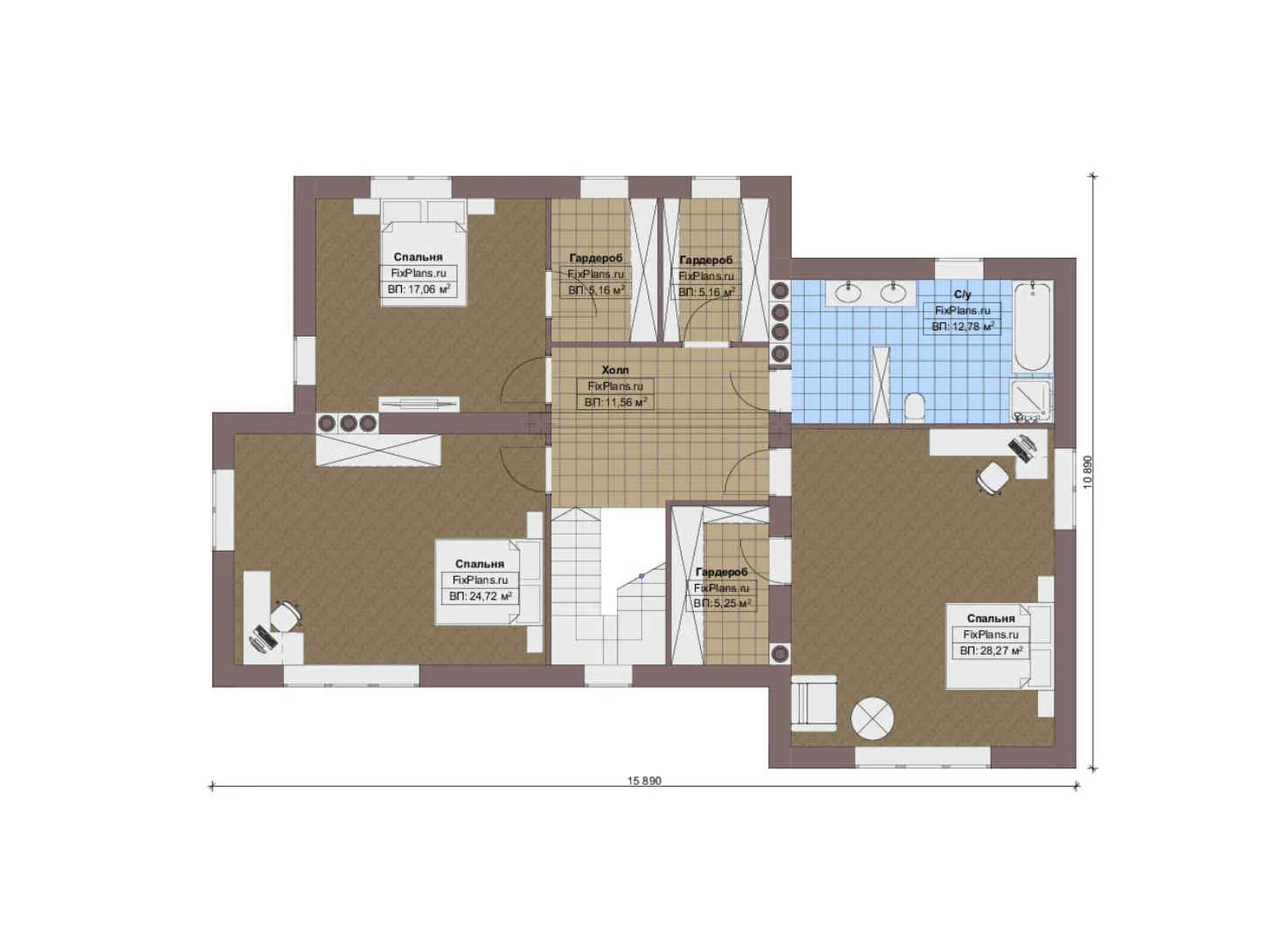 F-13733 - Планы двухэтажного дома 14 на 16, площадью 260 м² с террасой, гаражом на 1 машину и 4 спальнями