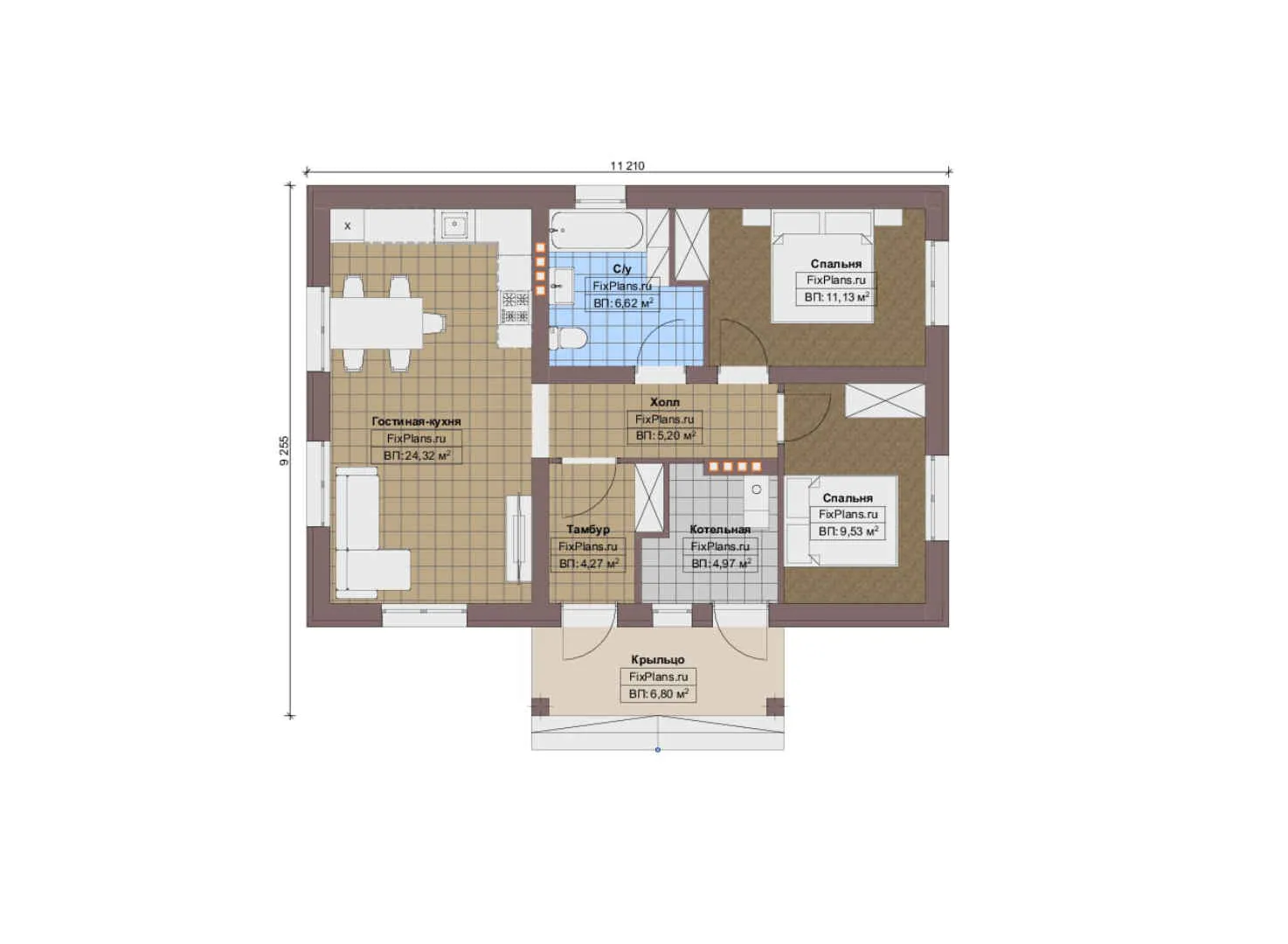 F-14093 - План одноэтажного дома 10 на 12, площадью 80 м² с 2 спальнями