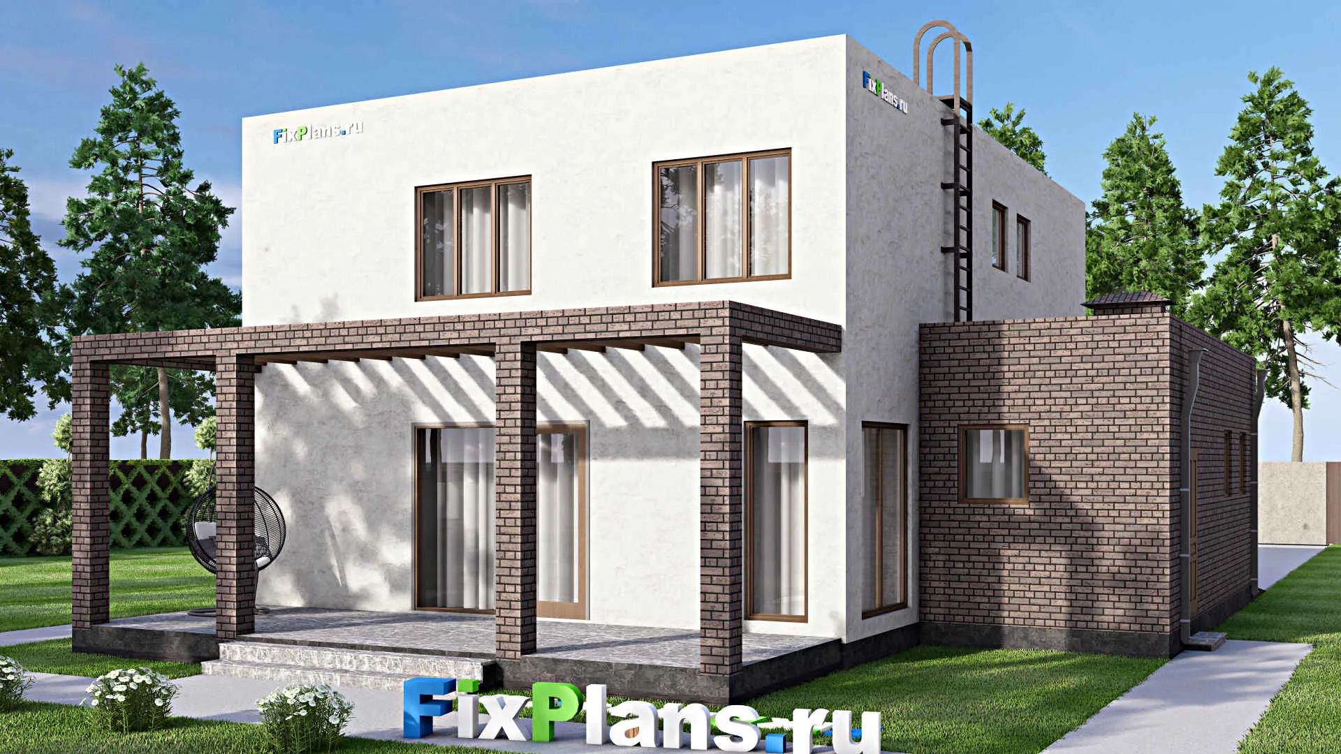 F-13724 - Планы двухэтажного дома 12 на 16, площадью 220 м² с террасой, гаражом на 1 машину и 4 спальнями