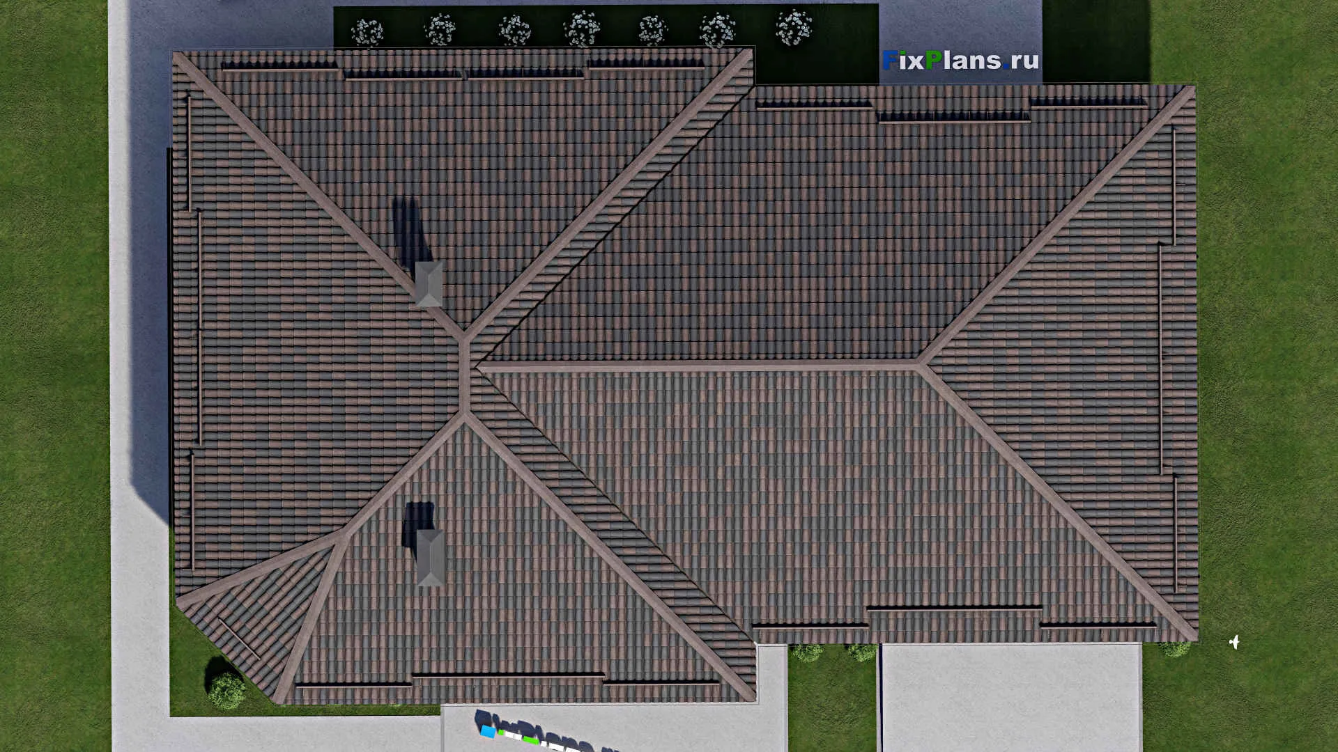 F-6740 - Проект одноэтажного дома 15 на 25, площадью 270 м² с террасой, гаражом на 2 машины и 3 спальнями