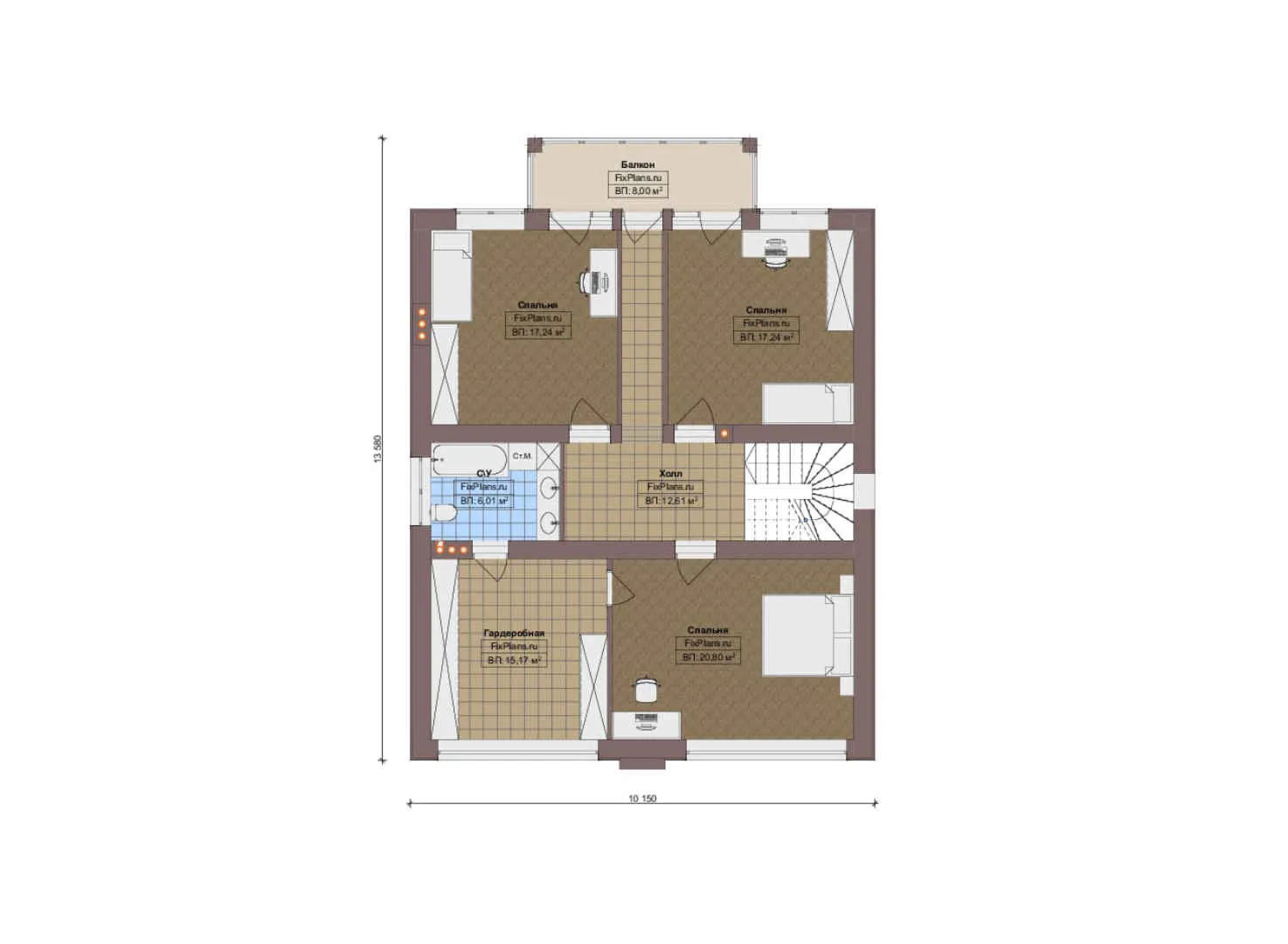 F-18530 - Планы дома с мансардой 14 на 17, площадью 240 м² с террасой, балконом и 3 спальнями