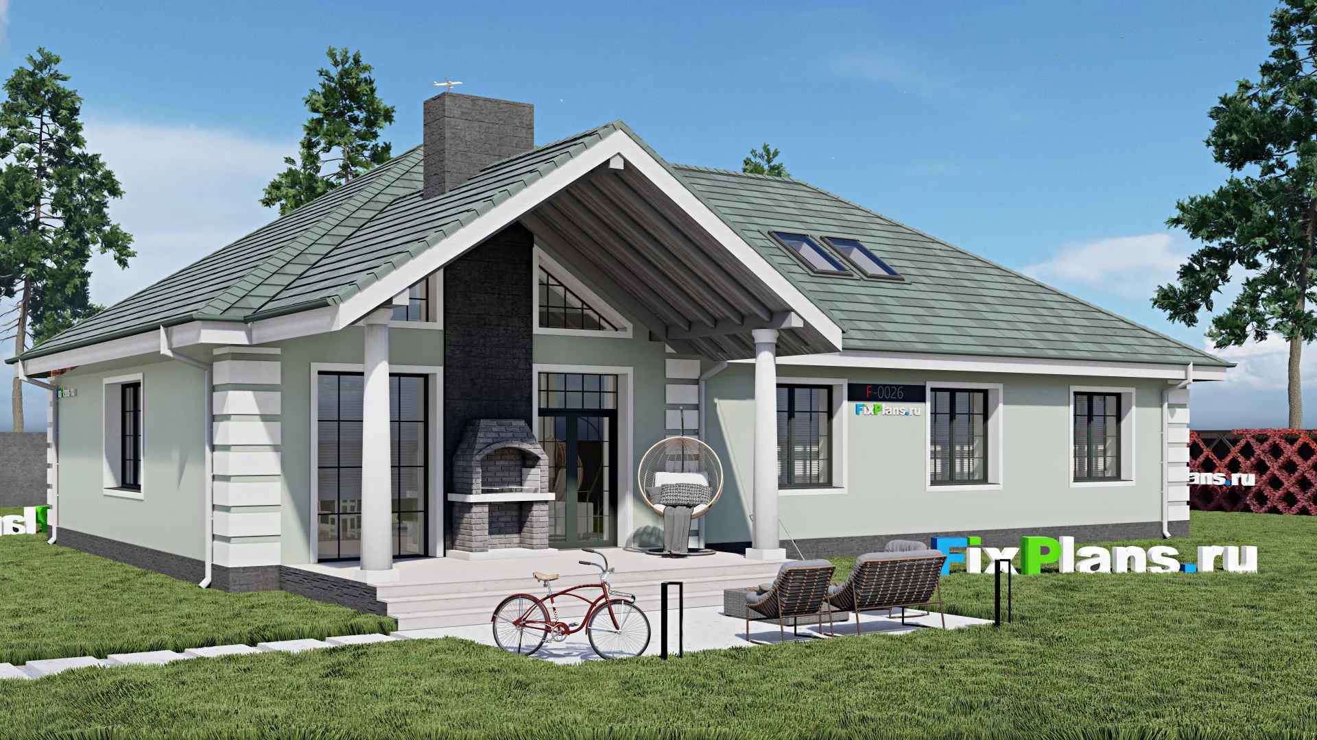 F-0026 - Проект дома с мансардой 17 на 20, площадью 330 м² с террасой, гаражом на 2 машины и 3 спальнями