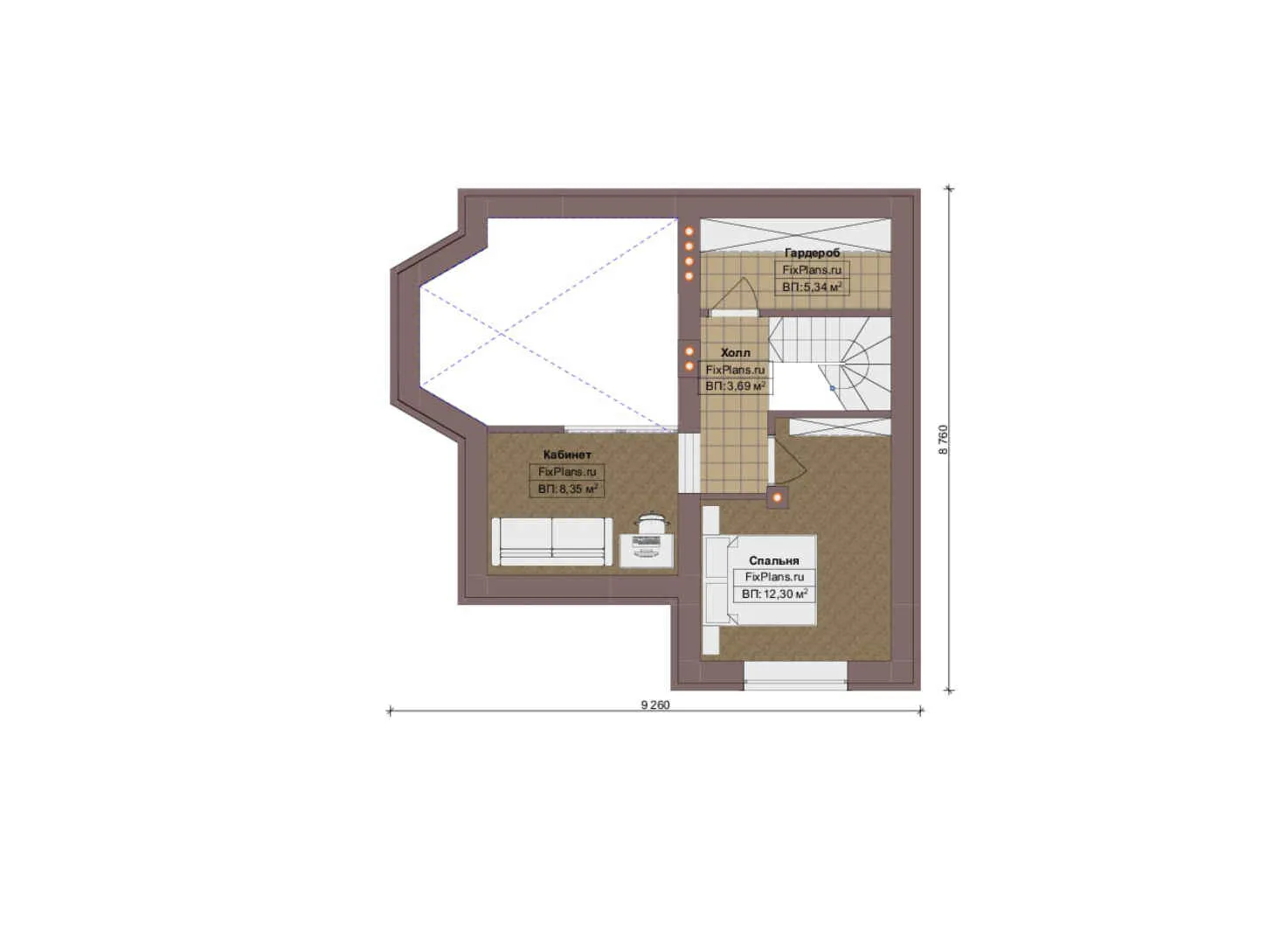 F-15362 - Планы дома с мансардой 9 на 10, площадью 90 м² с 1 спальнями