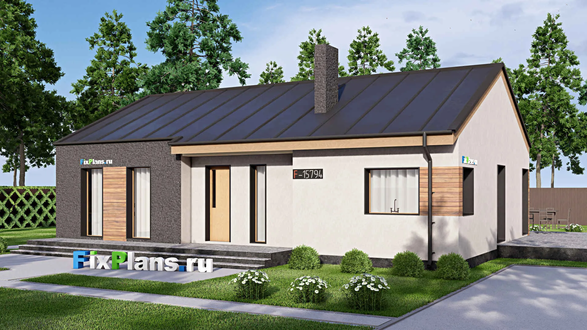 F-15794 - Проект одноэтажного дома 15 на 18, площадью 210 м² с террасой и 3 спальнями