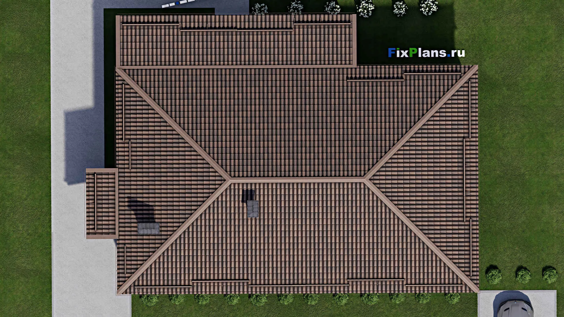 F-8747 - План одноэтажного дома 14 на 18, площадью 180 м² с террасой и 5 спальнями