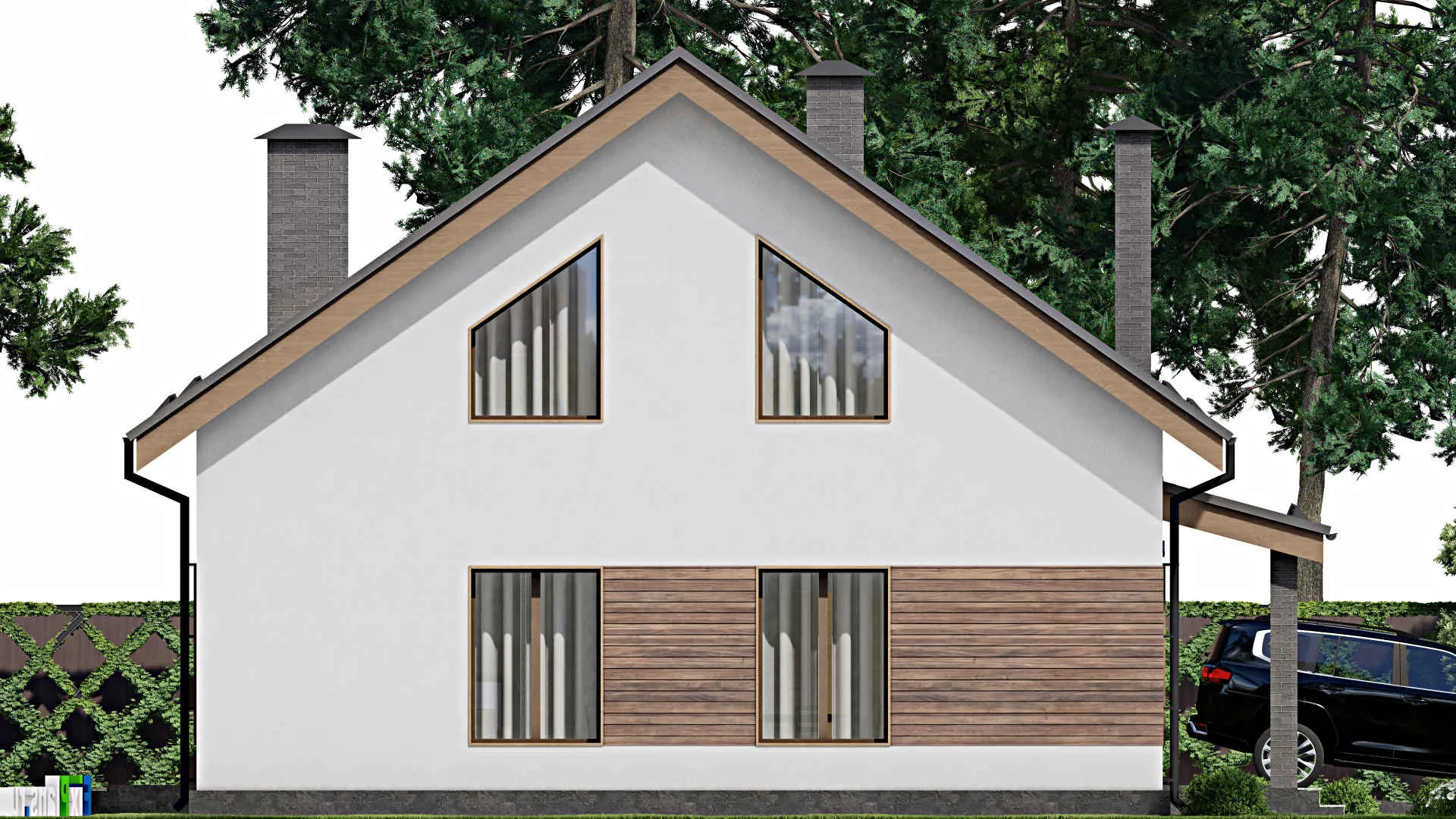 F-9530 - Планы дома с мансардой 14 на 16, площадью 260 м² с балконом, гаражом на 1 машину и 3 спальнями