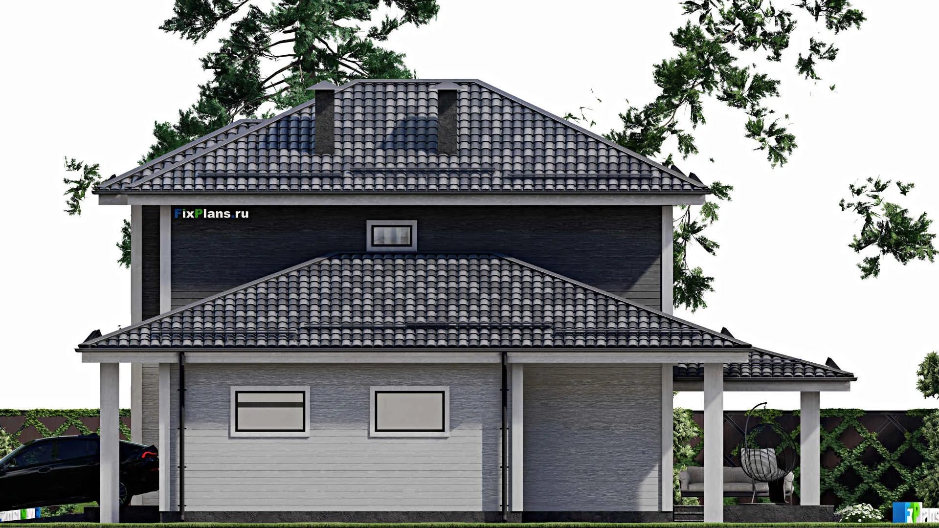 F-3563 - Проект двухэтажного дома 12 на 15, площадью 200 м² с террасой, гаражом на 1 машину и 5 спальнями