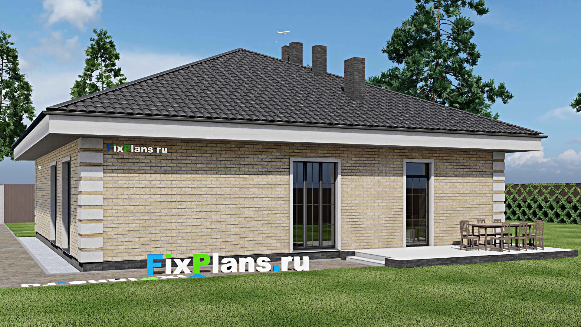 F-0953 - Проект одноэтажного дома 14 на 14, площадью 190 м² с террасой и 4 спальнями