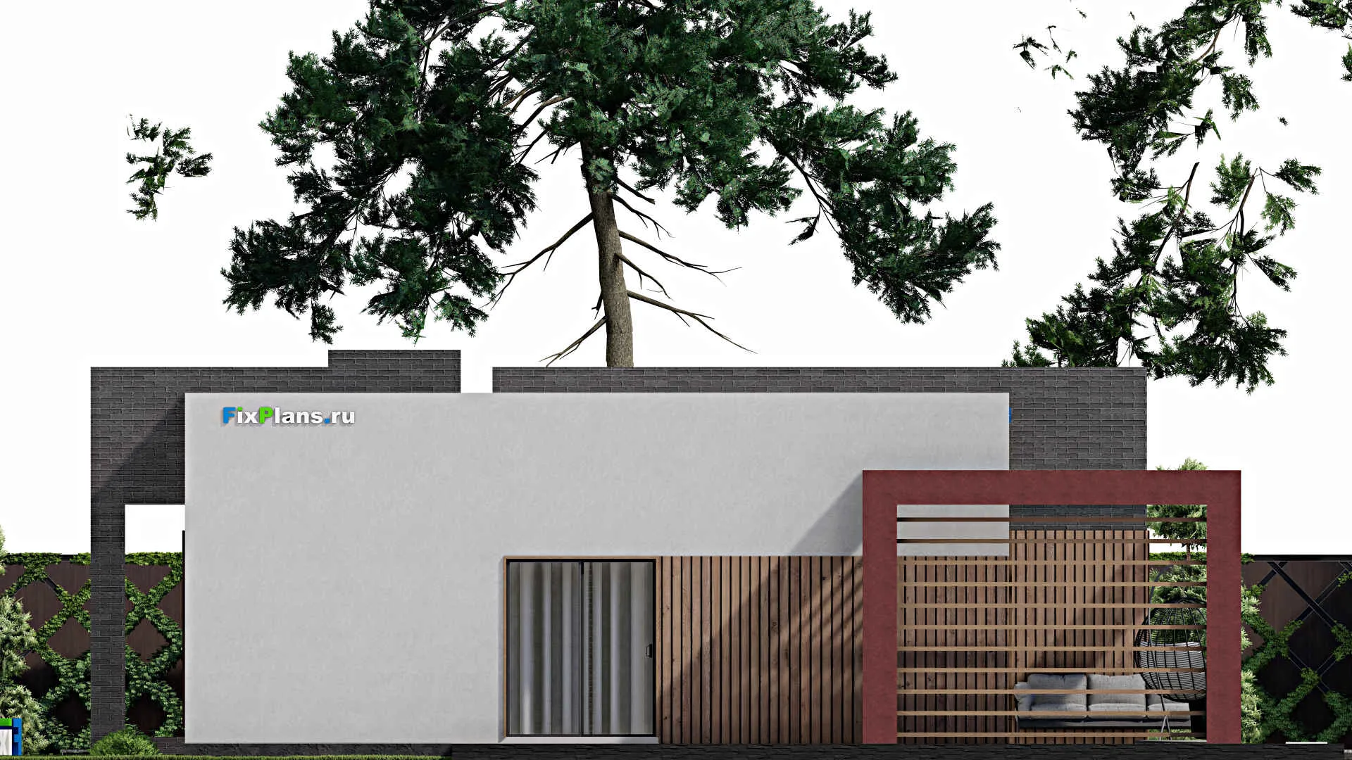 F-7037 - Проект одноэтажного дома 14 на 15, площадью 150 м² с террасой и 2 спальнями