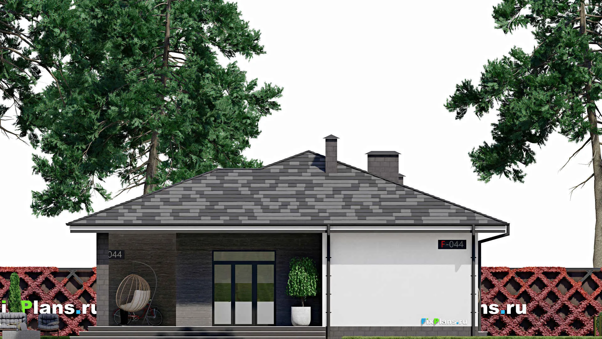 F-0044 - Проект одноэтажного дома 13 на 16, площадью 230 м² с террасой и 7 спальнями