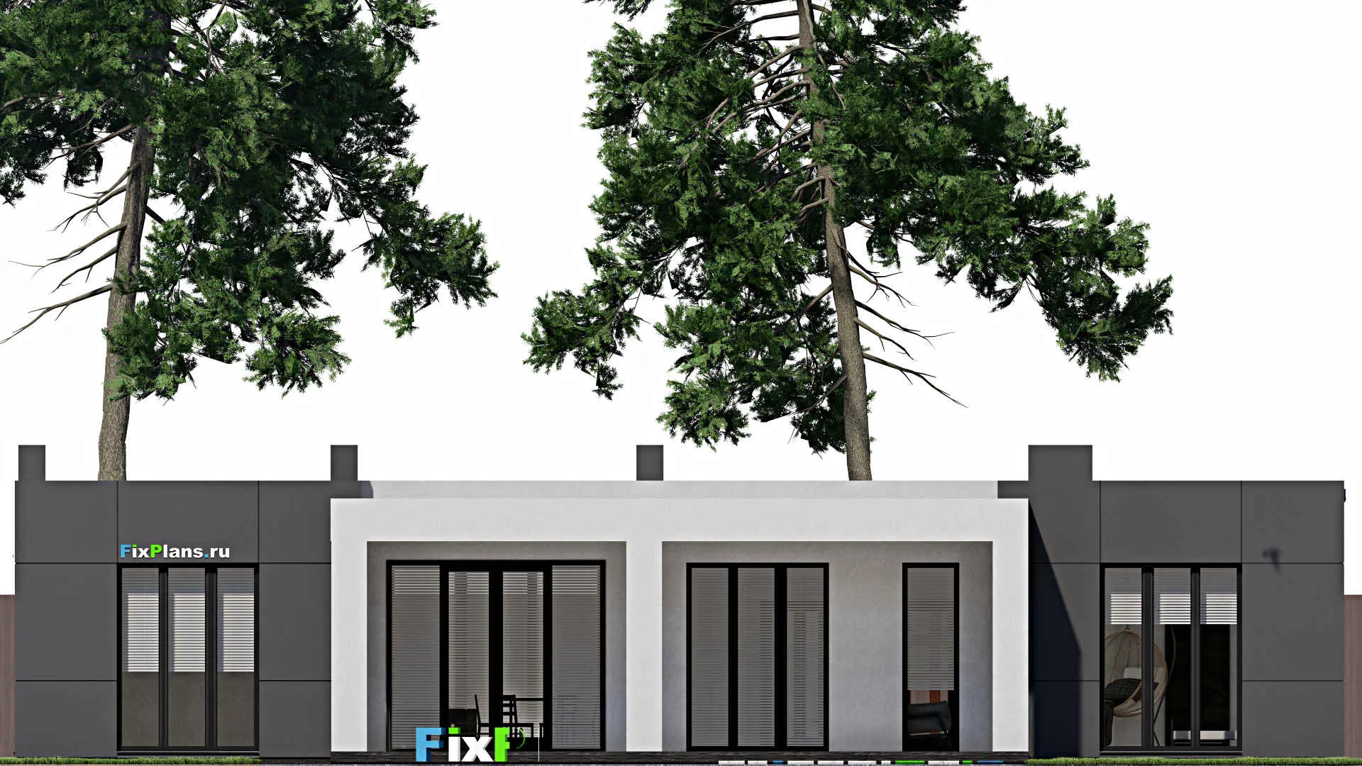 F-1079 - Проект одноэтажного дома 14 на 19, площадью 220 м² с террасой, гаражом на 1 машину и 3 спальнями