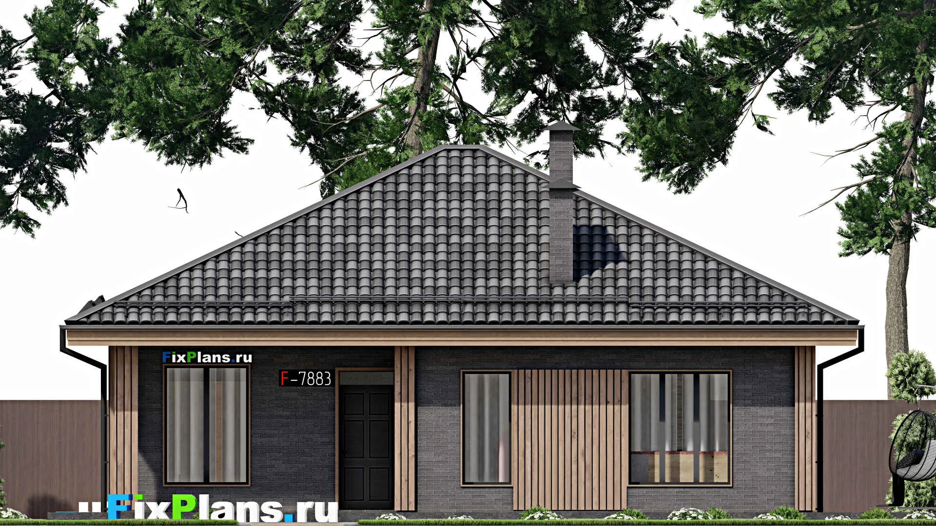 F-7883 - Проект одноэтажного дома 12 на 12, площадью 220 м² с террасой и 3 спальнями