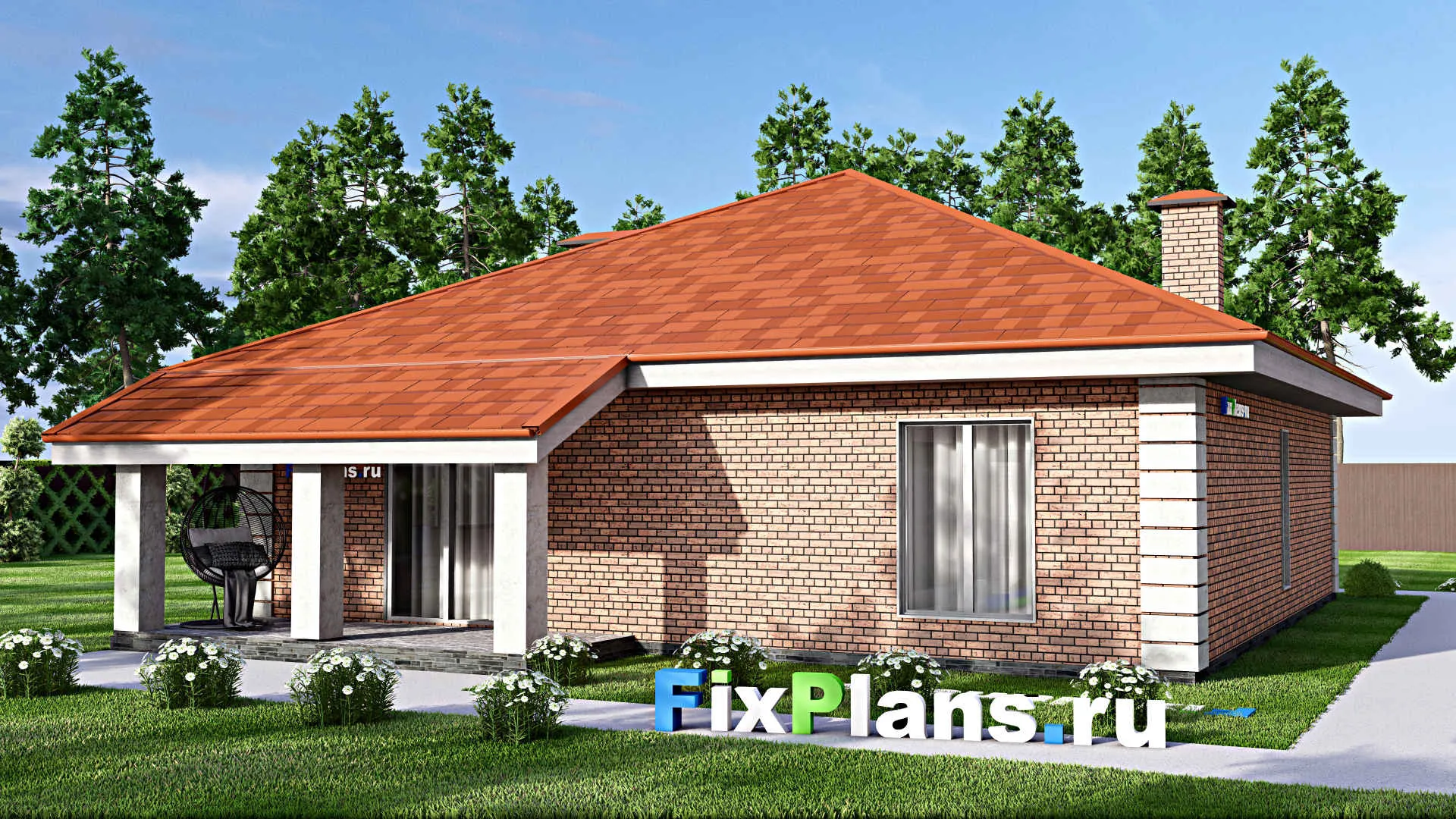 F-14066 - План одноэтажного дома 12 на 17, площадью 140 м² с террасой и 3 спальнями