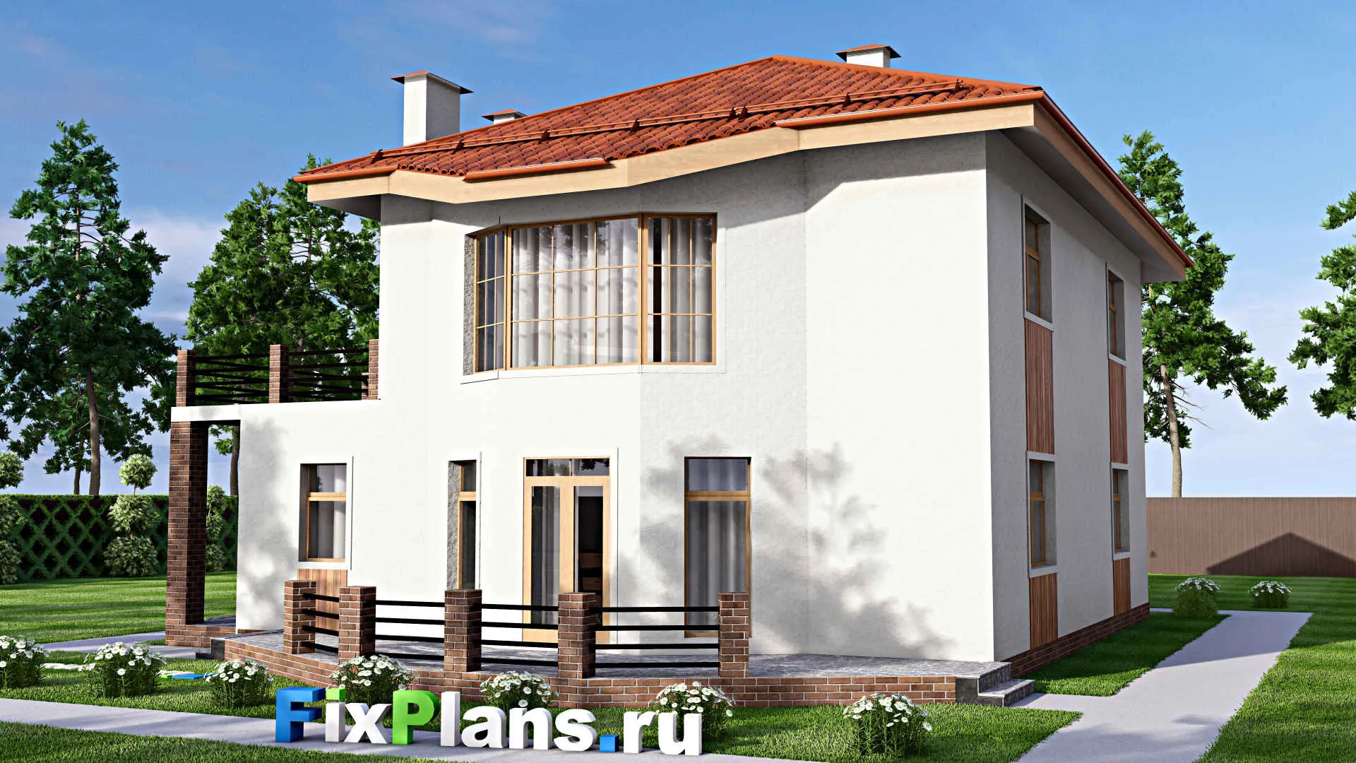 F-15974 - Проект двухэтажного дома 14 на 18, площадью 300 м² с террасой, балконом, гаражом на 1 машину и 4 спальнями