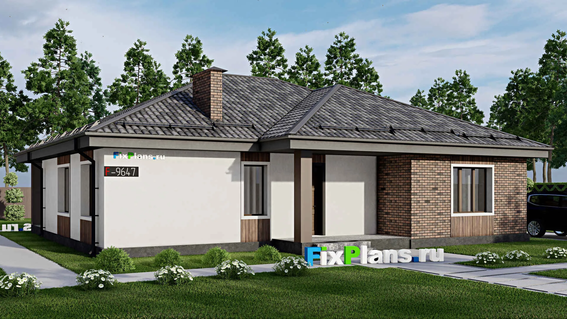 F-9647 - Проект одноэтажного дома 15 на 16, площадью 170 м² с террасой и 3 спальнями