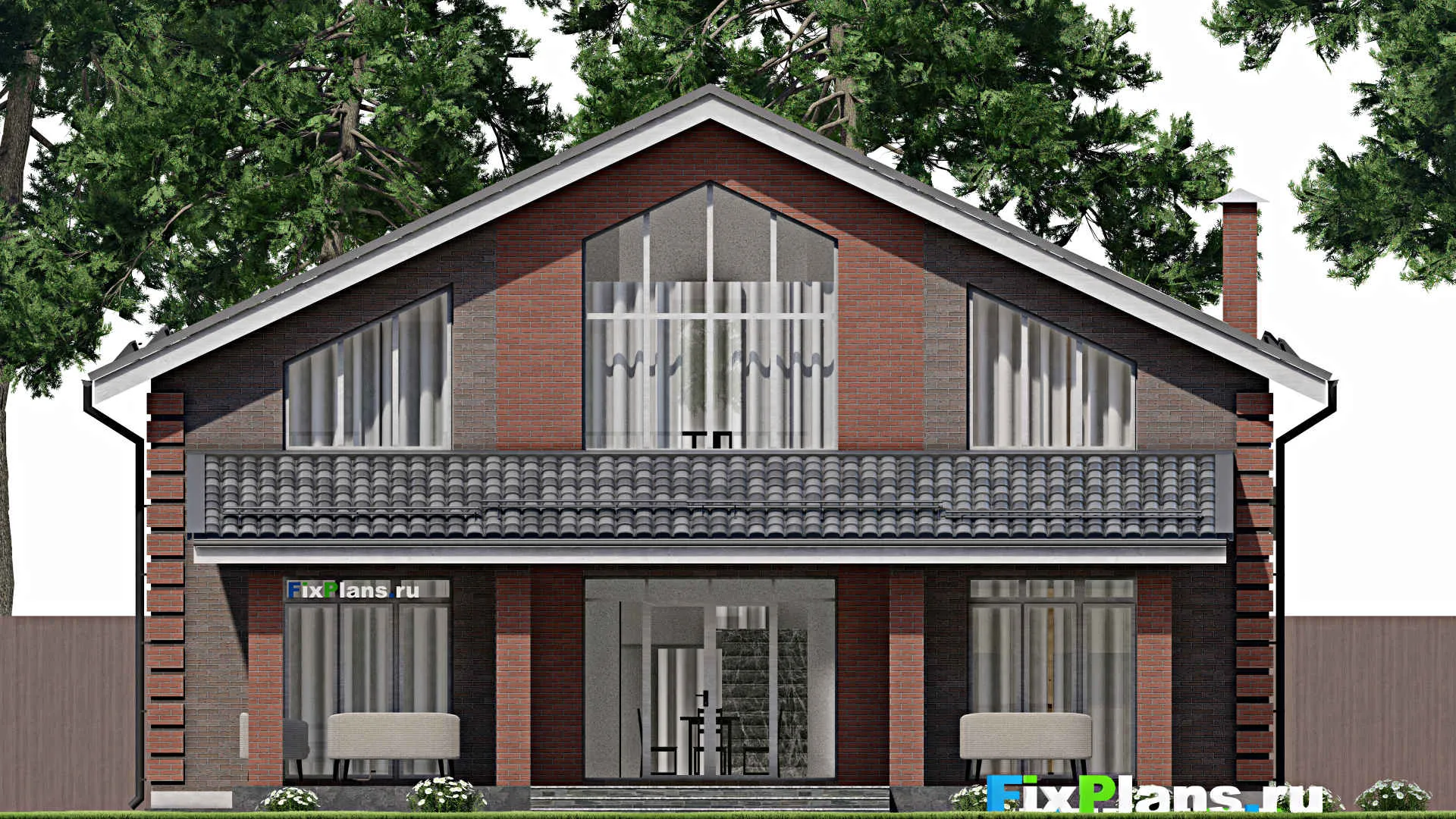 F-6497 - Проект дома с мансардой 14 на 14, площадью 250 м² с террасой, гаражом на 1 машину и 3 спальнями