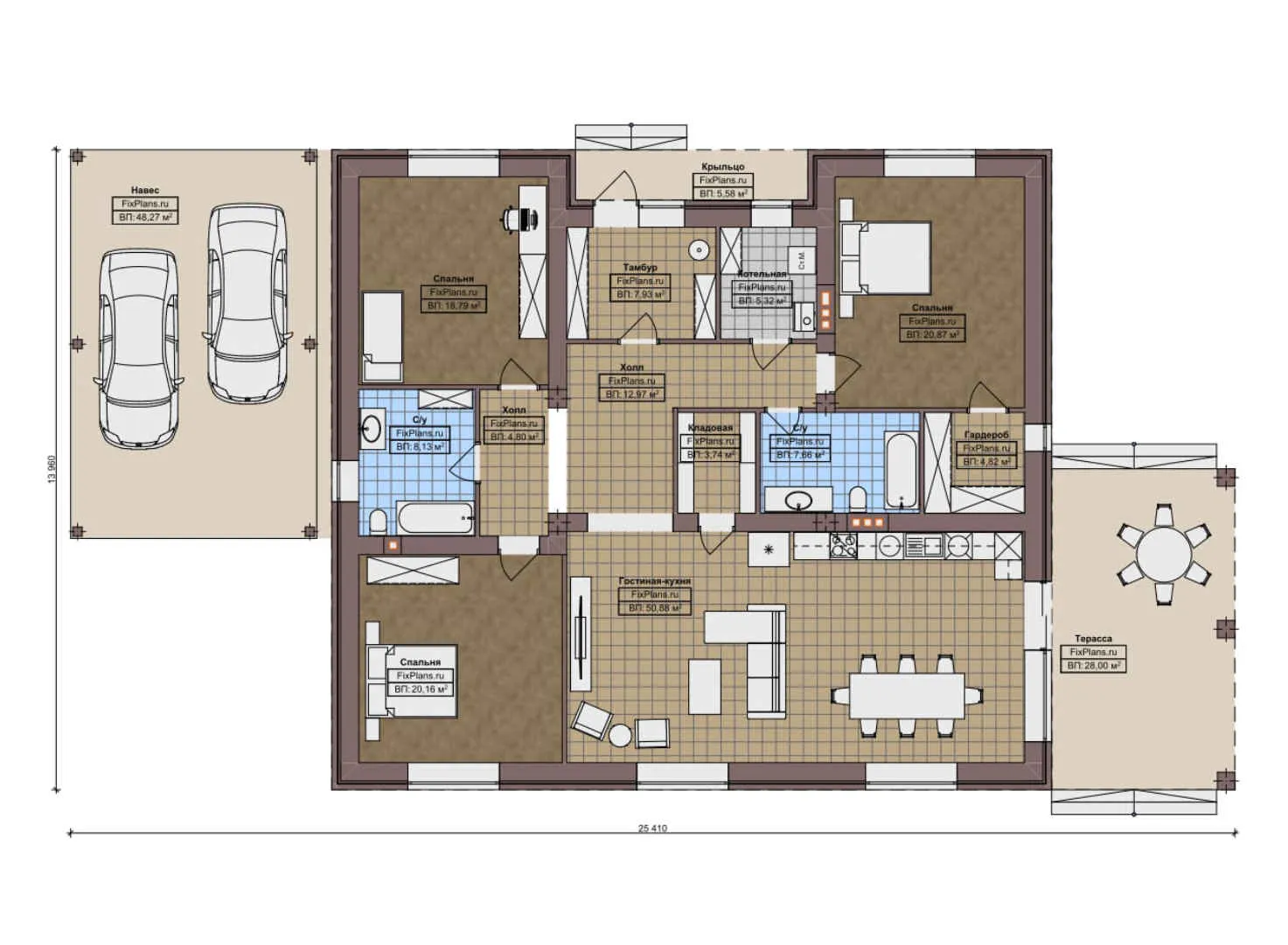F-12329 - План одноэтажного дома 14 на 26, площадью 250 м² с террасой и 3 спальнями