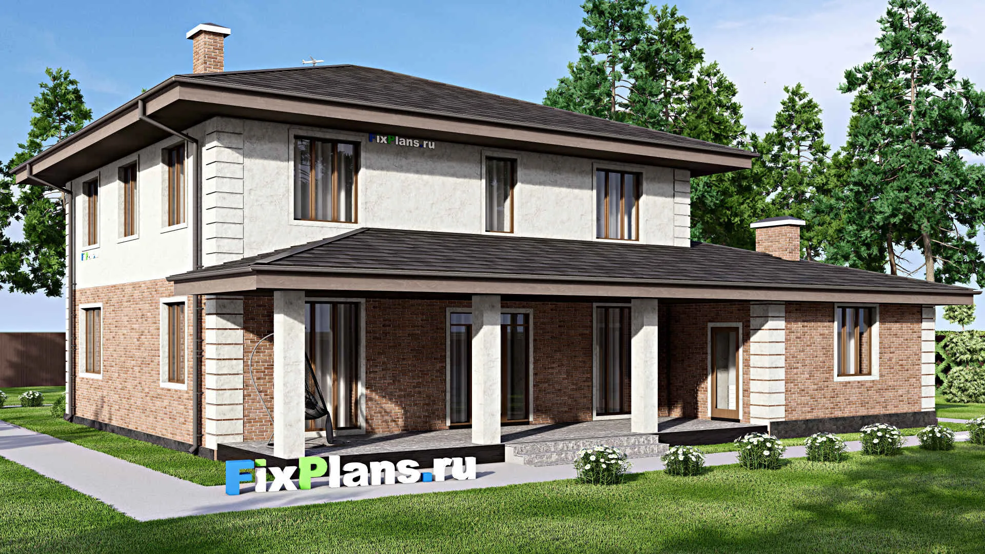 F-14543 - Планы двухэтажного дома 17 на 18, площадью 310 м² с террасой, баней, спортзалом и 6 спальнями