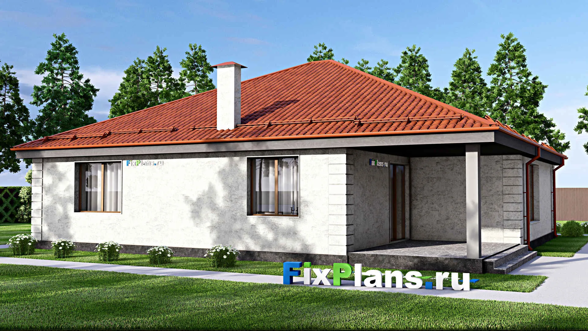 F-14615 - Проект одноэтажного дома 16 на 17, площадью 200 м² с террасой и 3 спальнями