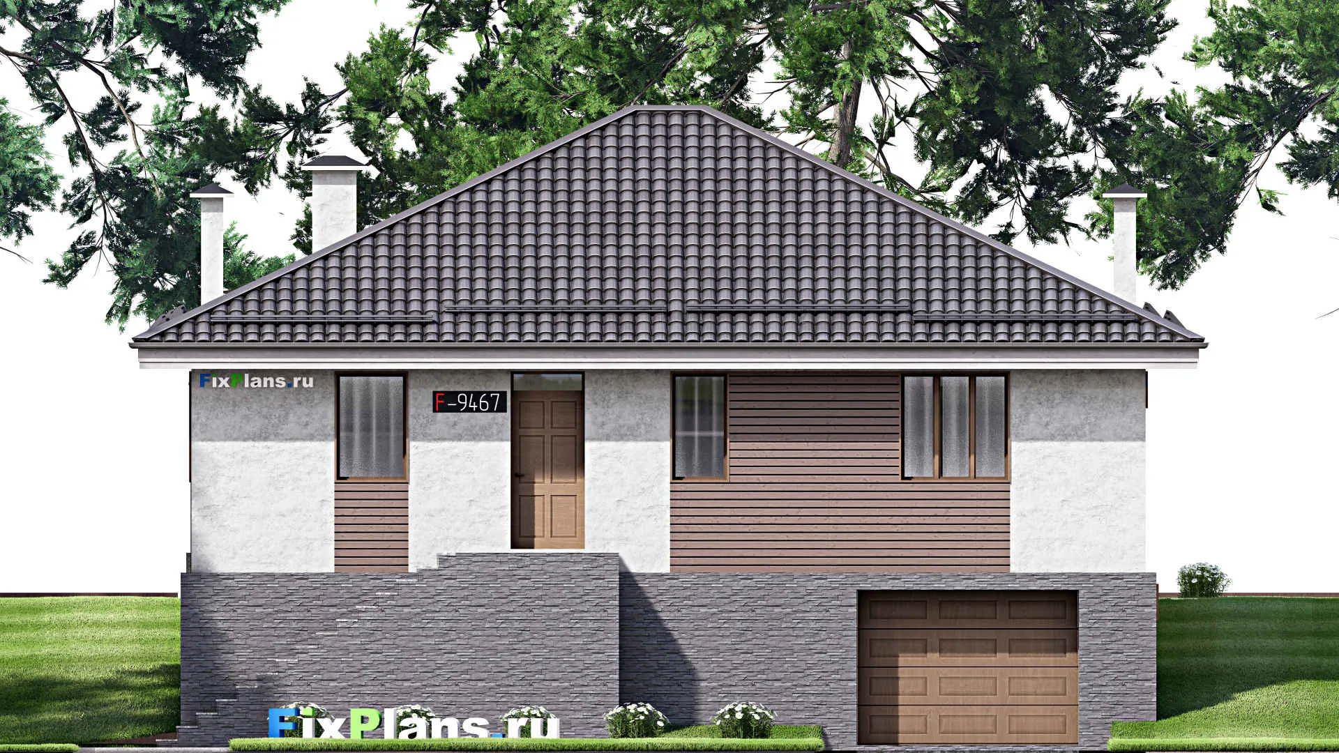 F-9467 - Проект двухэтажного дома 13 на 16, площадью 260 м² с террасой, цокольным этажом, гаражом на 1 машину и 3 спальнями