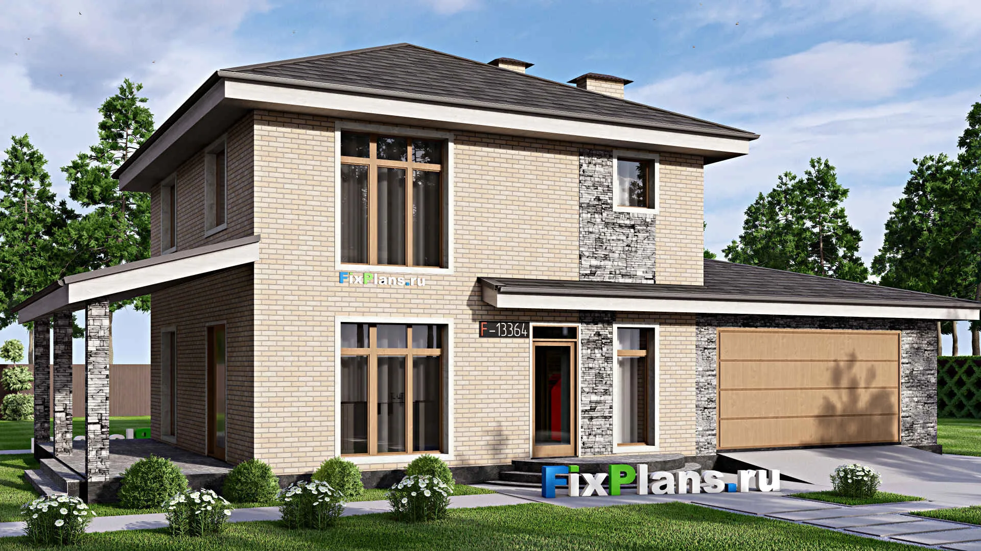 F-13364 - Проект двухэтажного дома 9 на 18, площадью 180 м² с террасой, гаражом на 2 машины и 3 спальнями