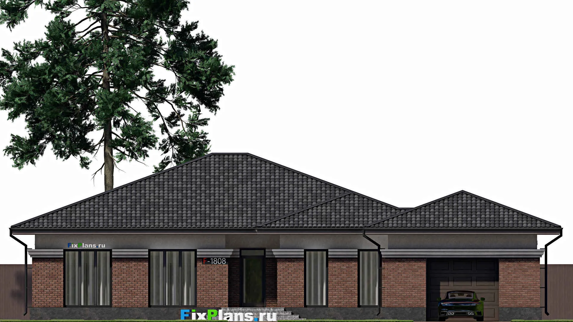 F-1808 - Проект одноэтажного дома 21 на 24, площадью 270 м² с террасой, гаражом на 2 машины и 4 спальнями