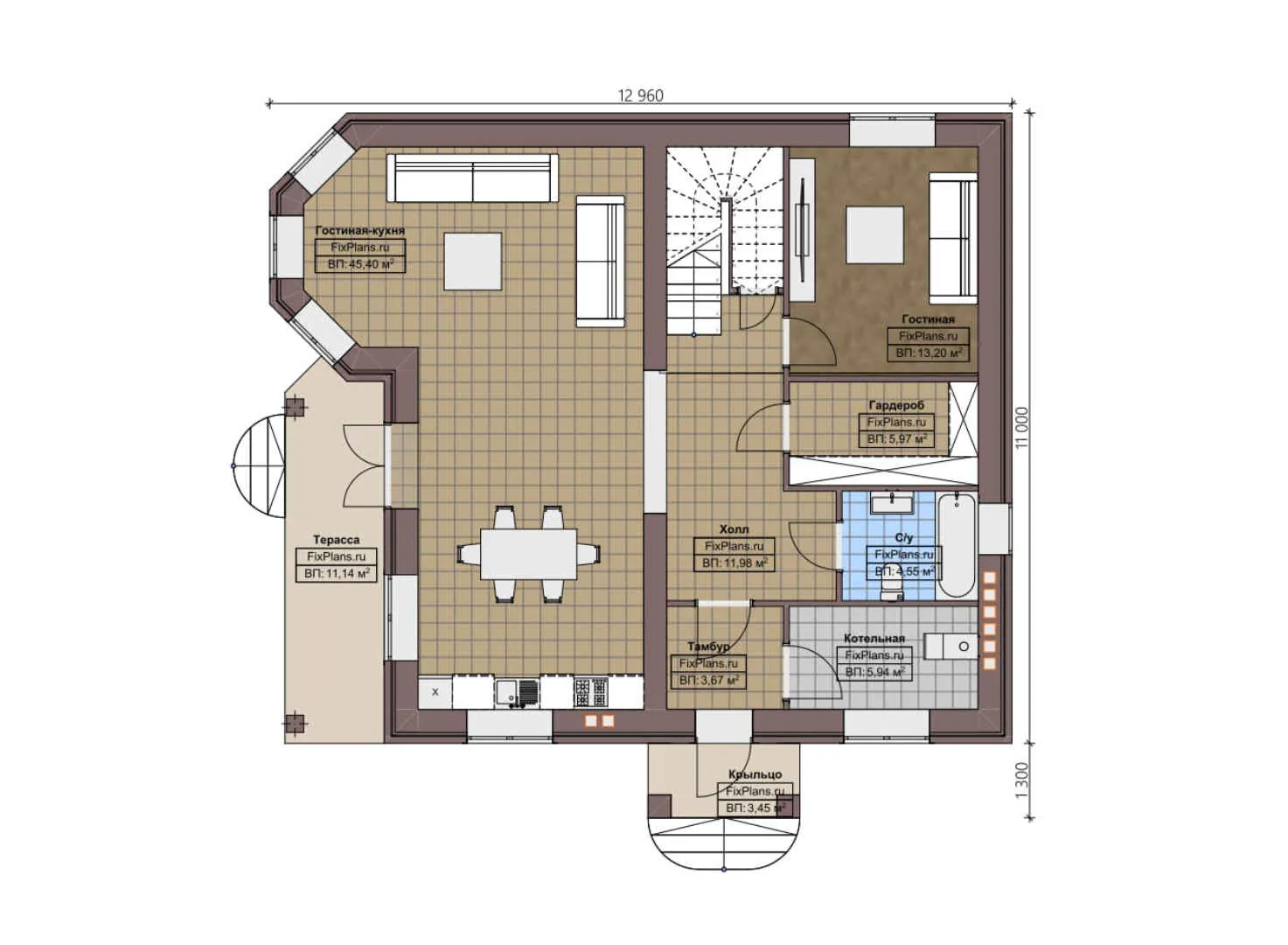 F-4949 - Планы двухэтажного дома 11 на 13, площадью 190 м² с террасой и 3 спальнями
