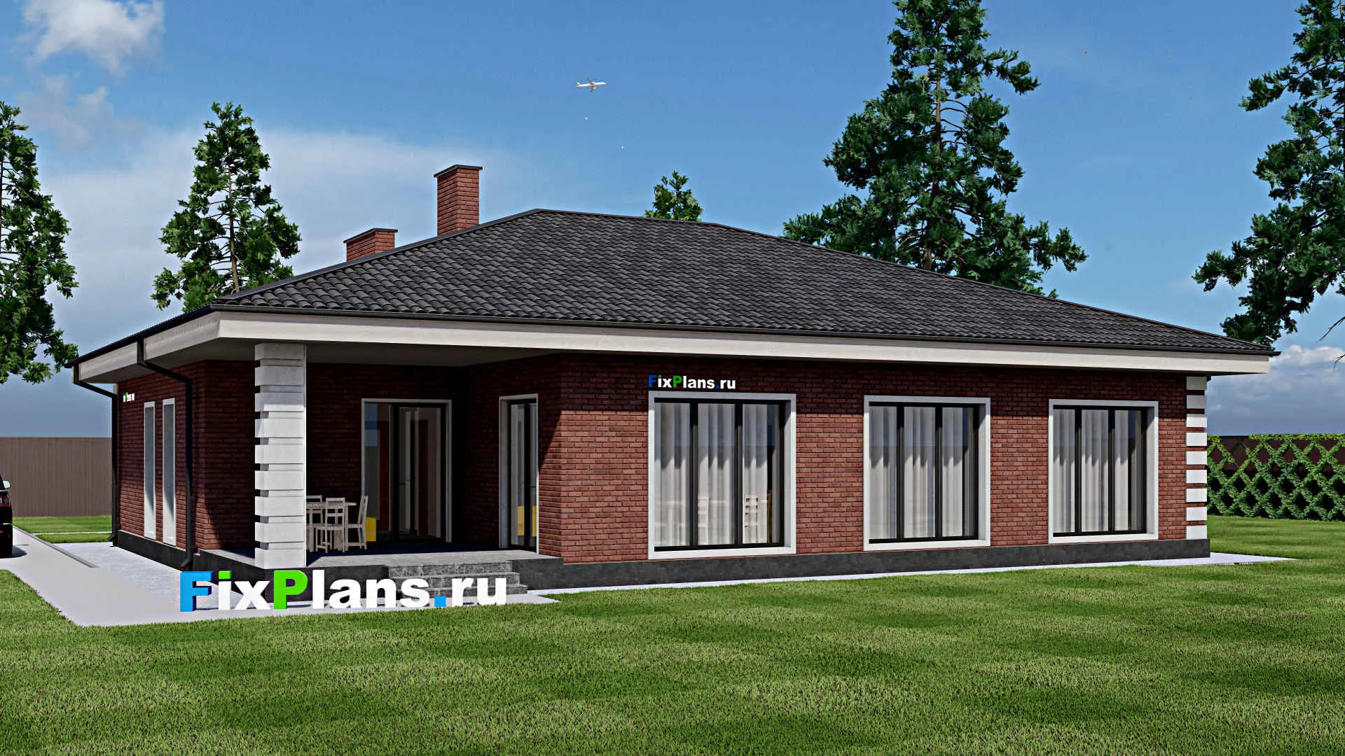 F-1223 - Проект одноэтажного дома 14 на 18, площадью 200 м² с баней и 4 спальнями