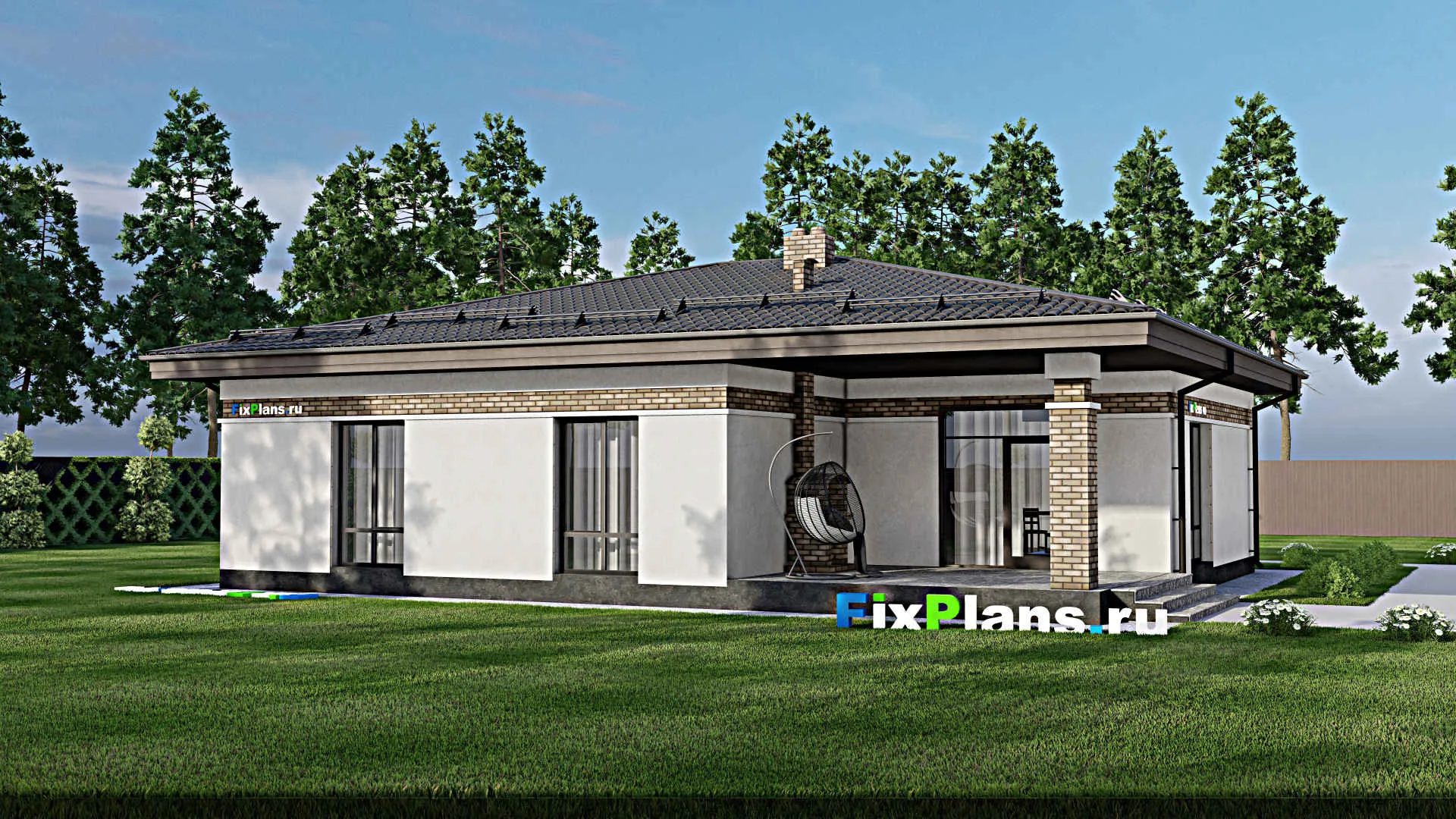 F-2168 - Проект одноэтажного дома 16 на 18, площадью 180 м² с террасой, баней, гаражом на 1 машину и 2 спальнями