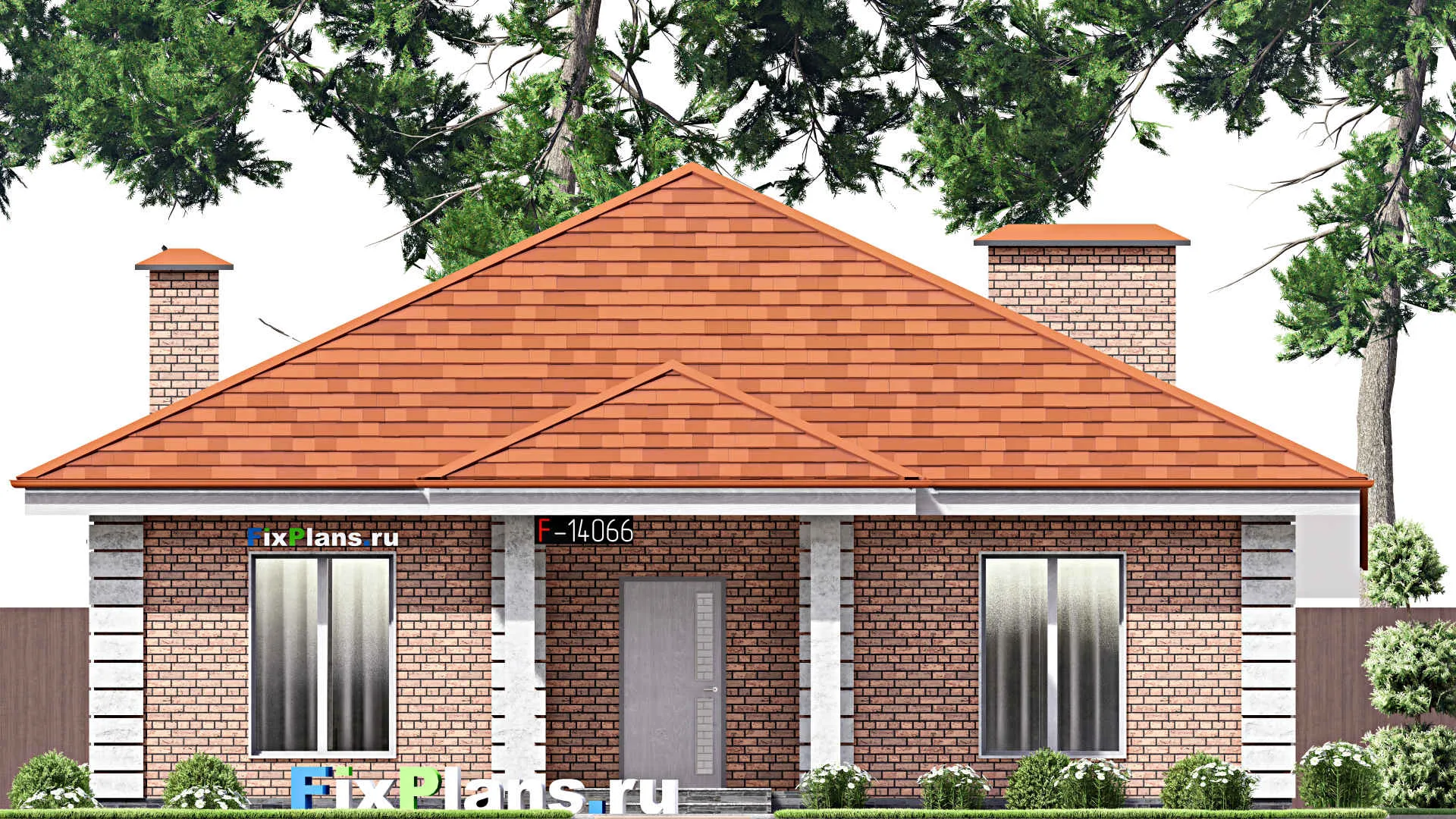 F-14066 - План одноэтажного дома 12 на 17, площадью 140 м² с террасой и 3 спальнями